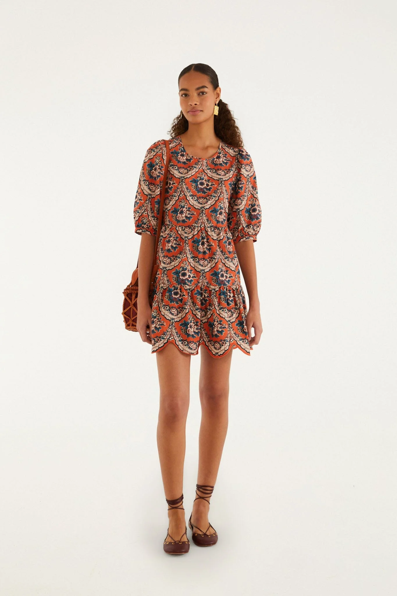 Terracotta Victorian Floral Puff Sleeve Mini Dress - 1