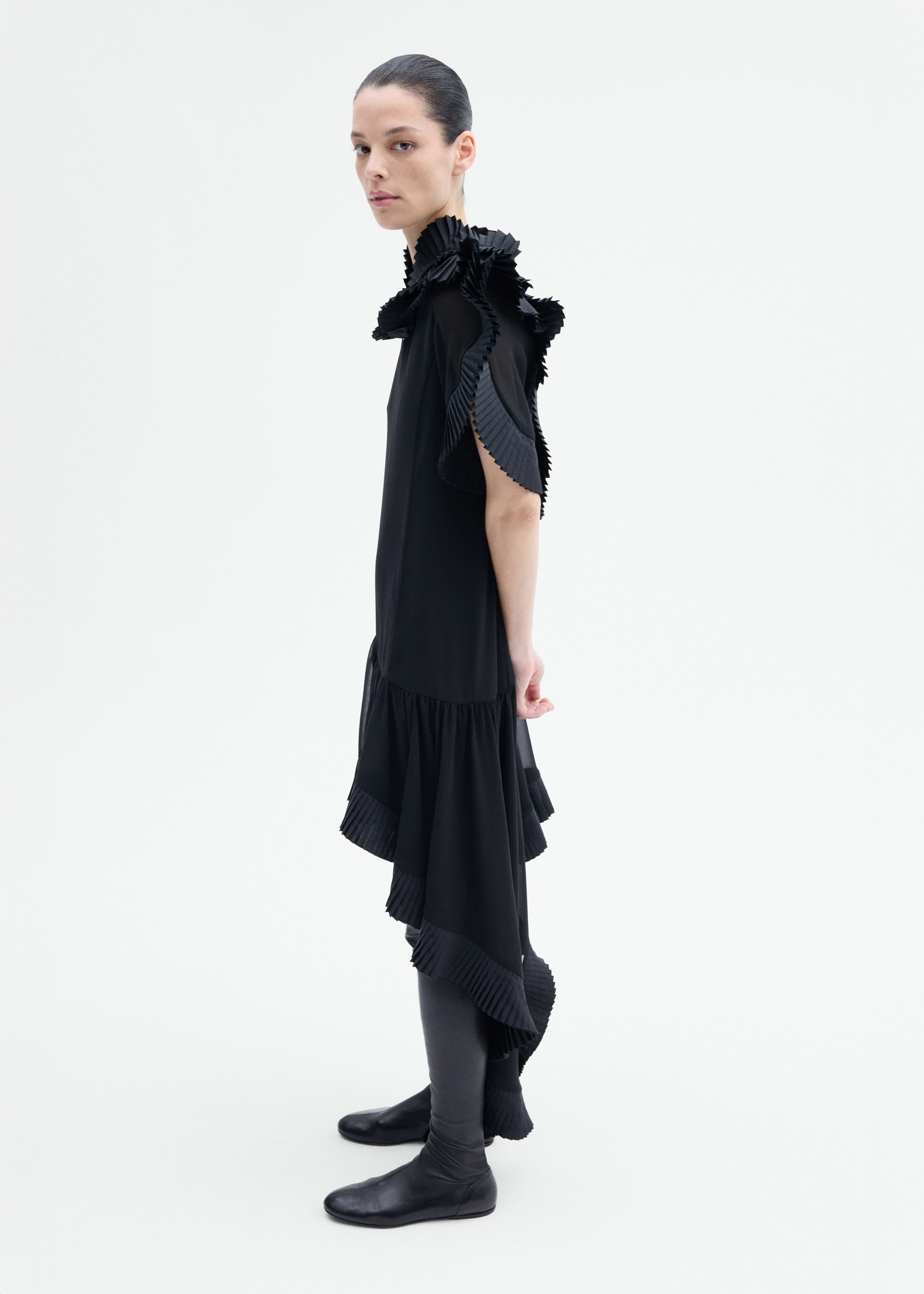 Asymmetric Pleated Georgette Dress - 3