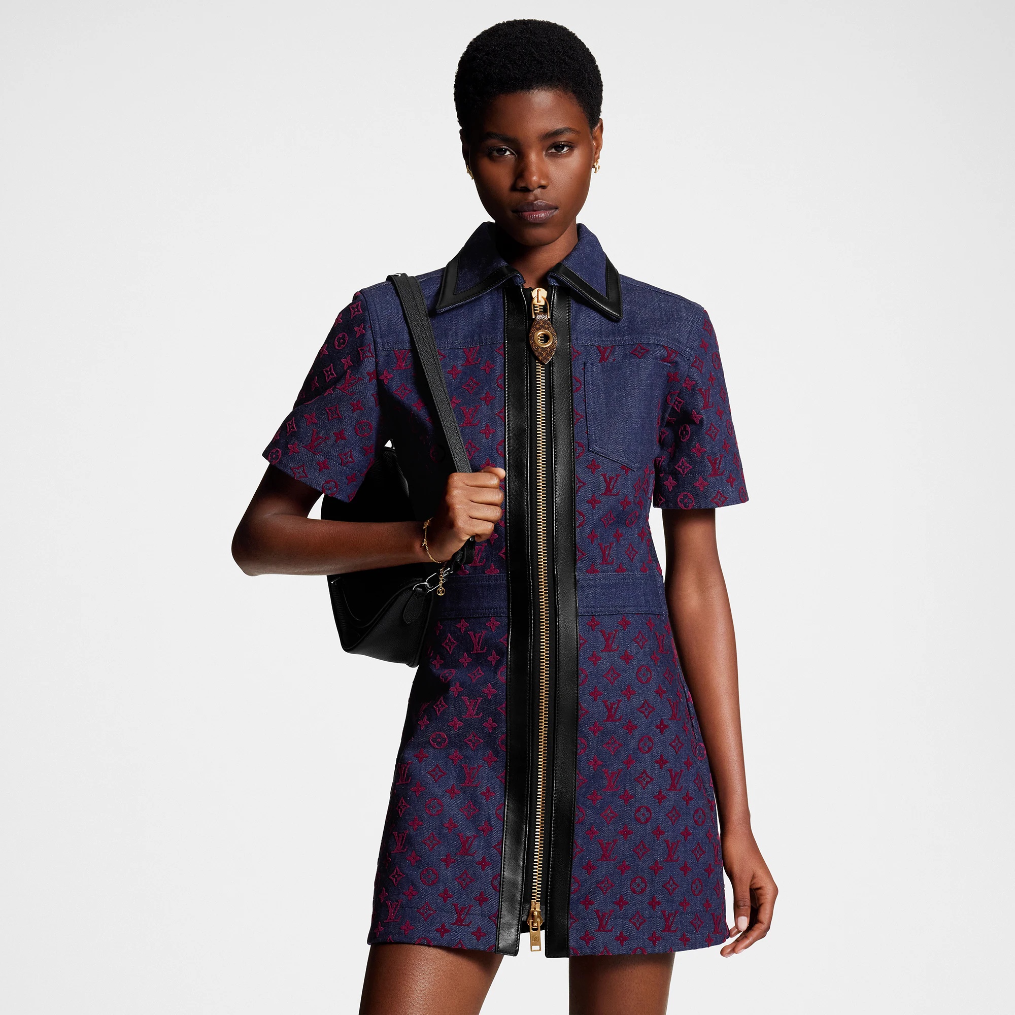 Flocked Monogram Denim Zip-Up Dress - 5
