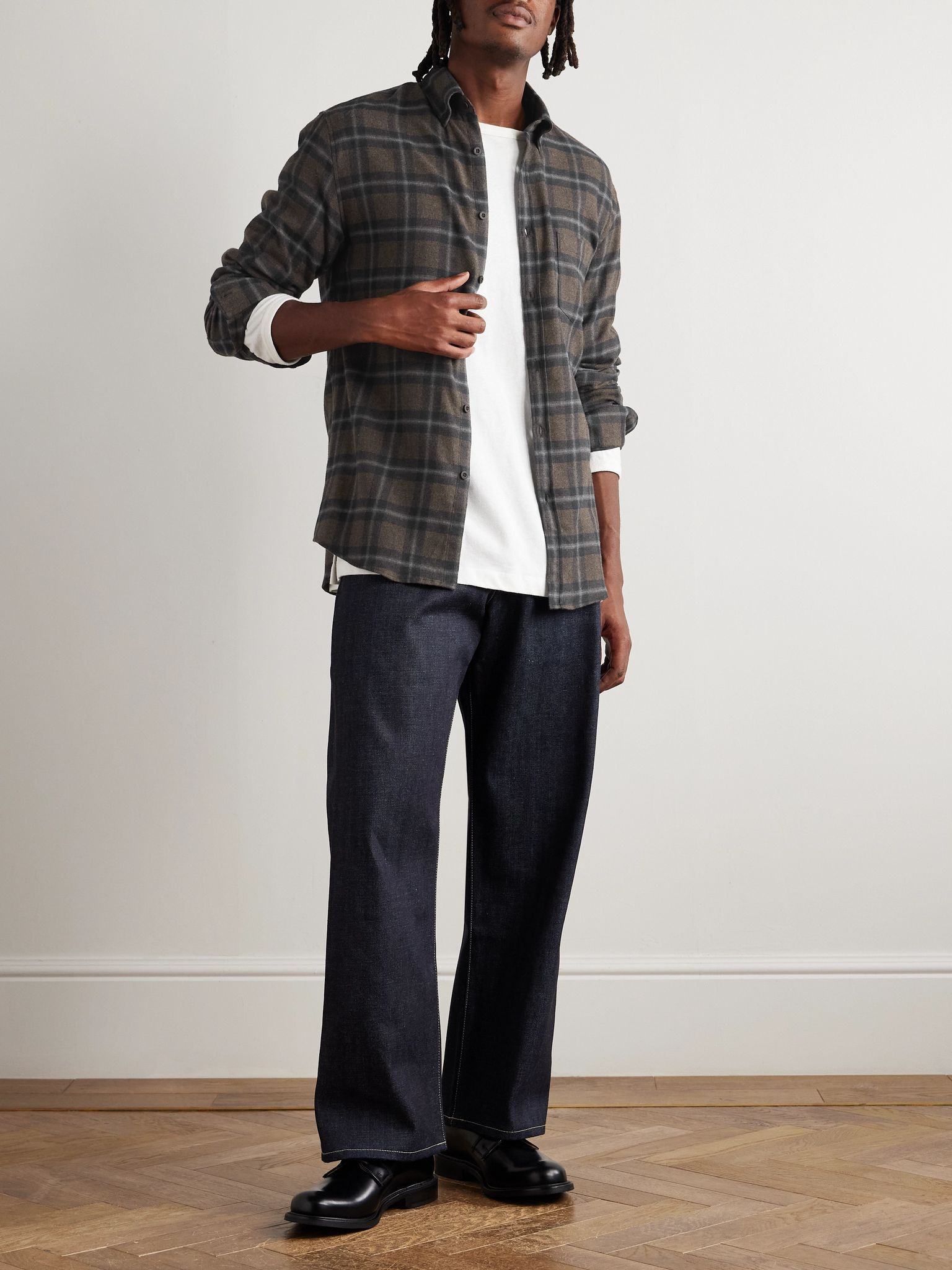 Button-Down Collar Checked Brushed Cotton-Flannel Shirt Brown - 2