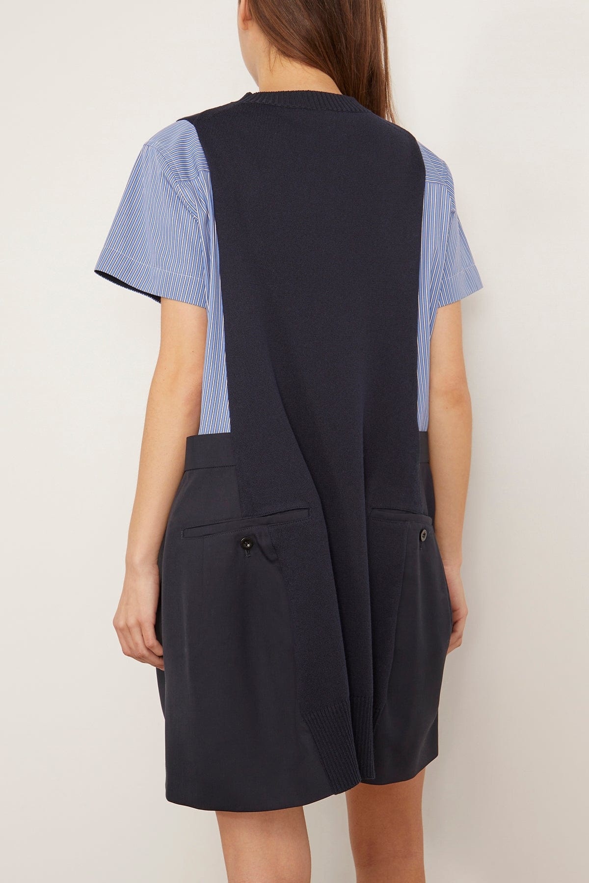 sacai Poplin x Knit Dress in Navy and Blue Stripes