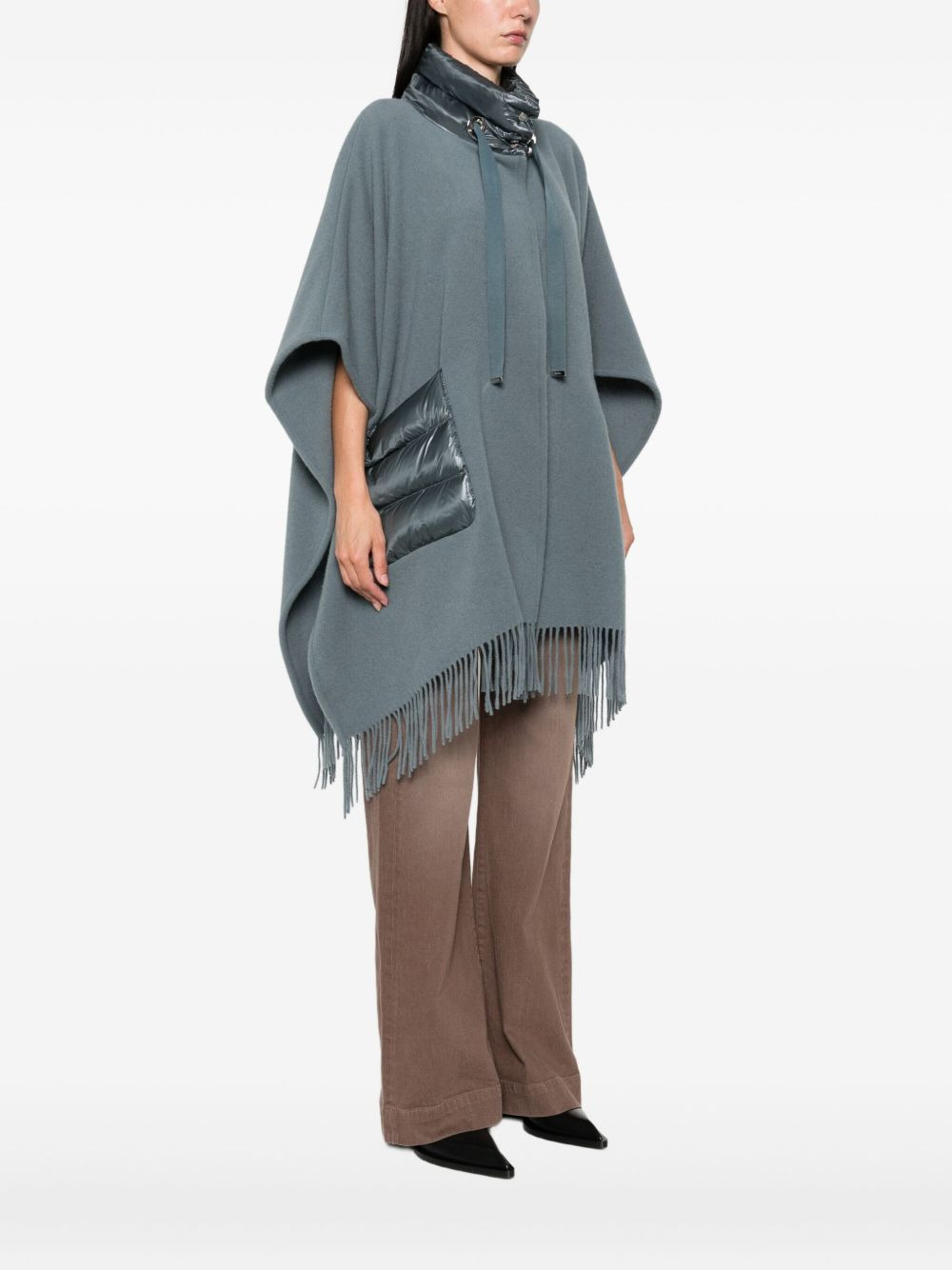 quilted-pocket fringed poncho - 3
