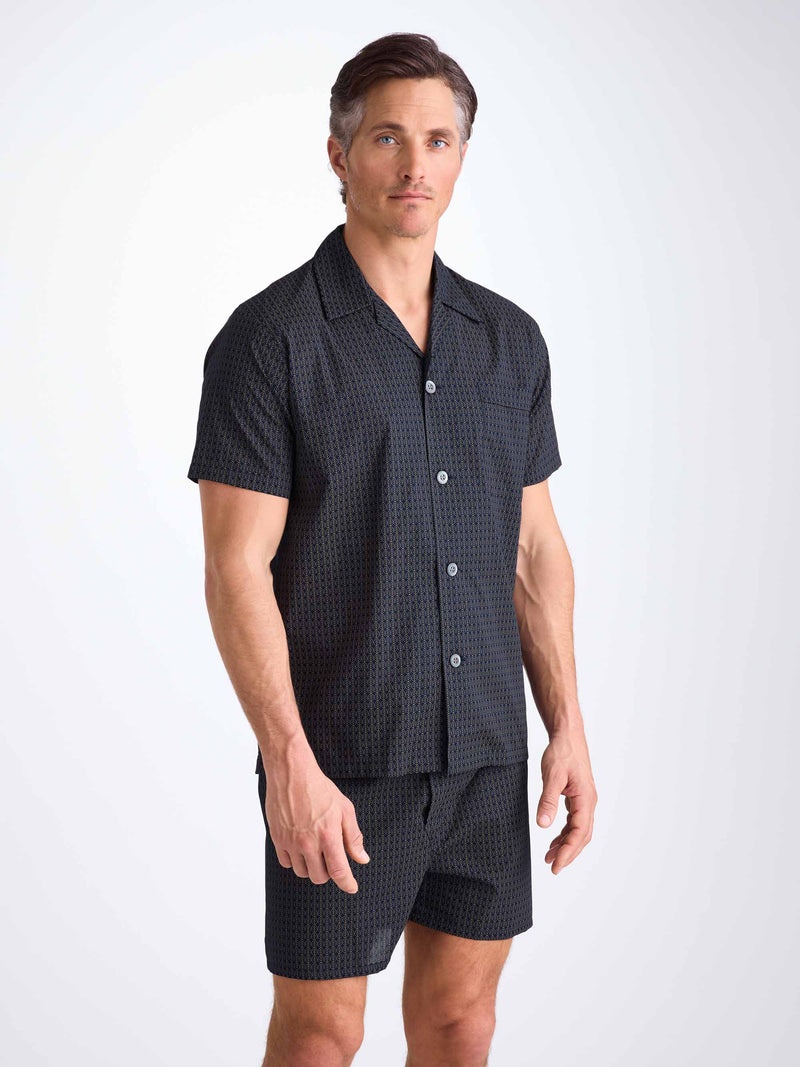 Men's Short Pajamas Cotton Batiste Navy Jungle Leaf Print - 4