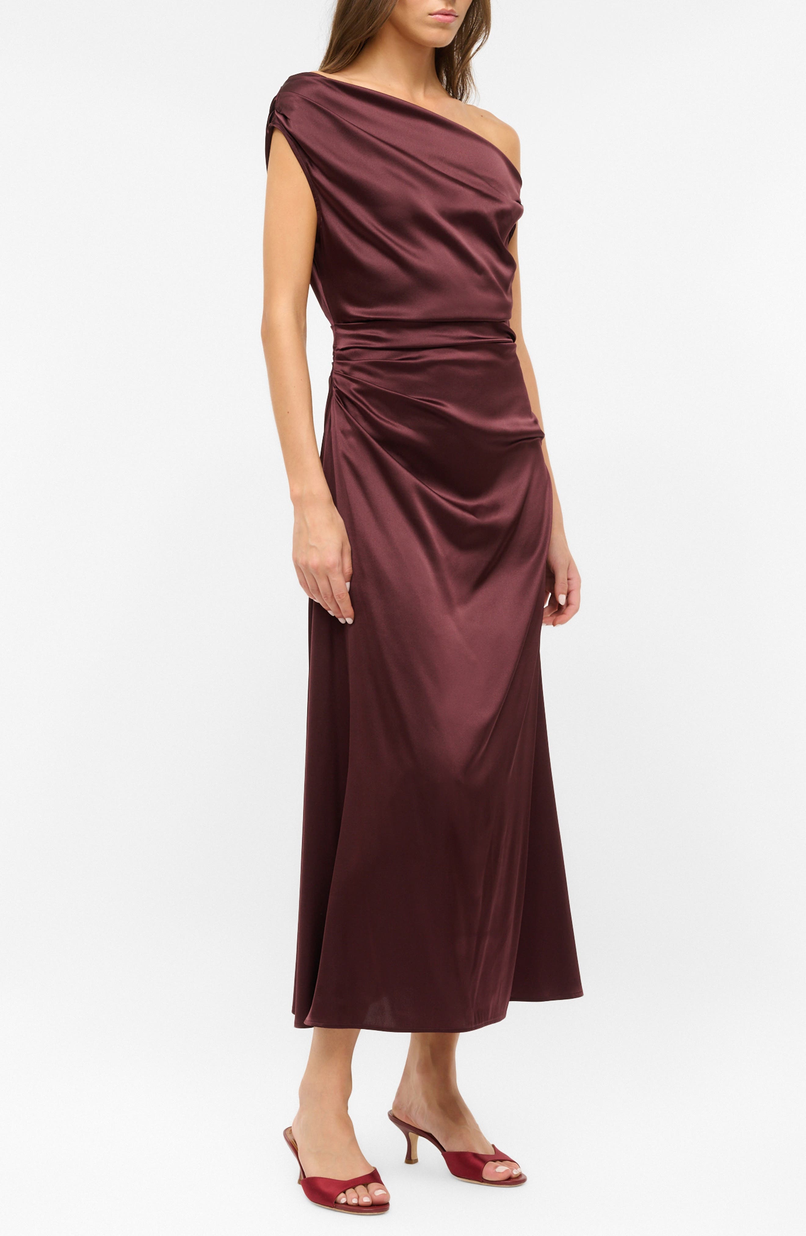 STAUD Phare One-Shoulder Stretch Silk Dress in Merlot at Nordstrom - 3