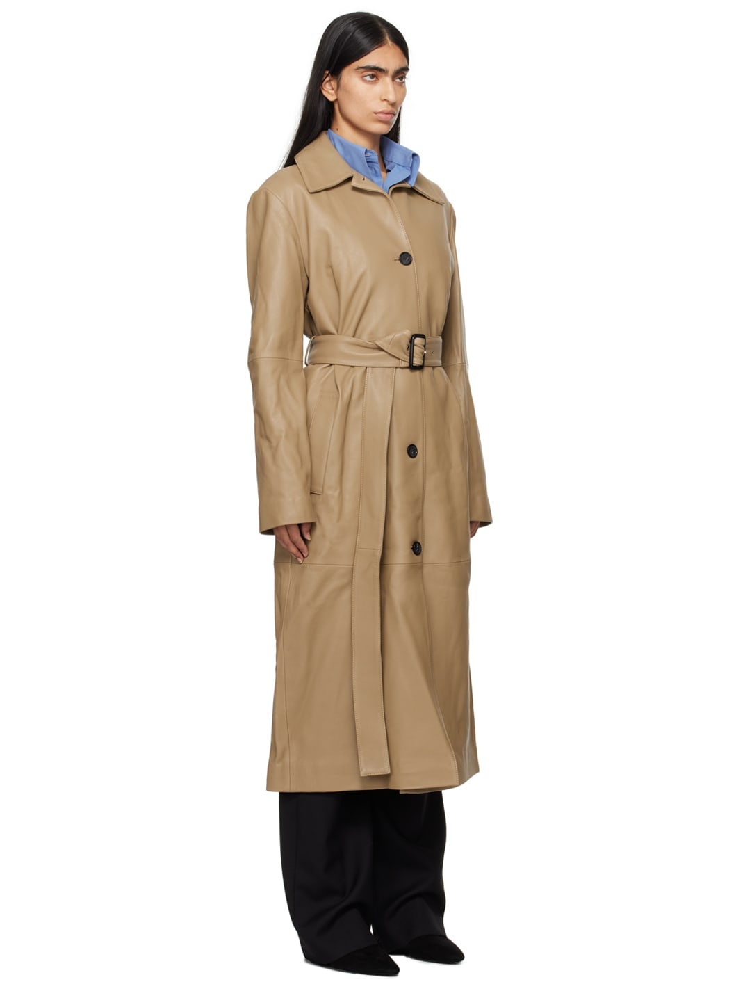 Tan Belted Long Leather Coat - 2