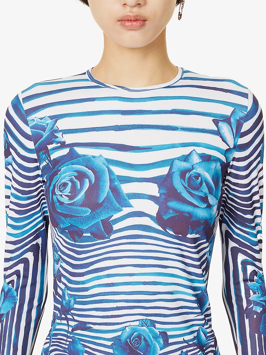 Striped floral-print stretch-woven top - 5