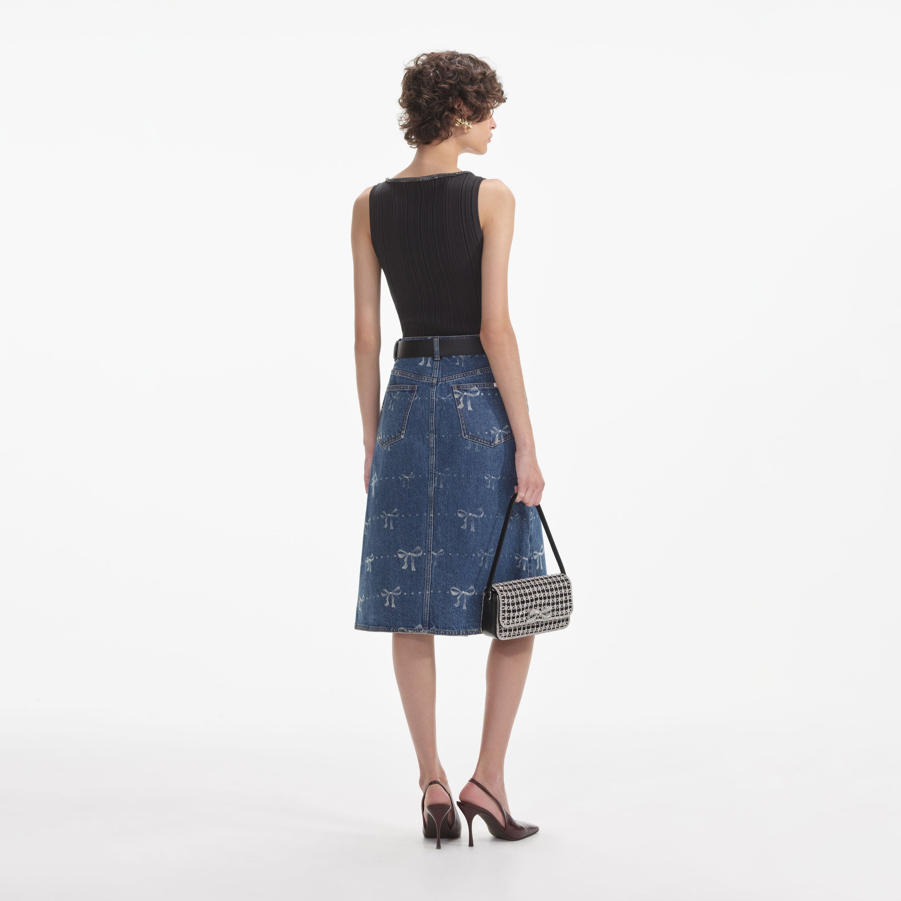 Bow Print Denim Midi Skirt - 3