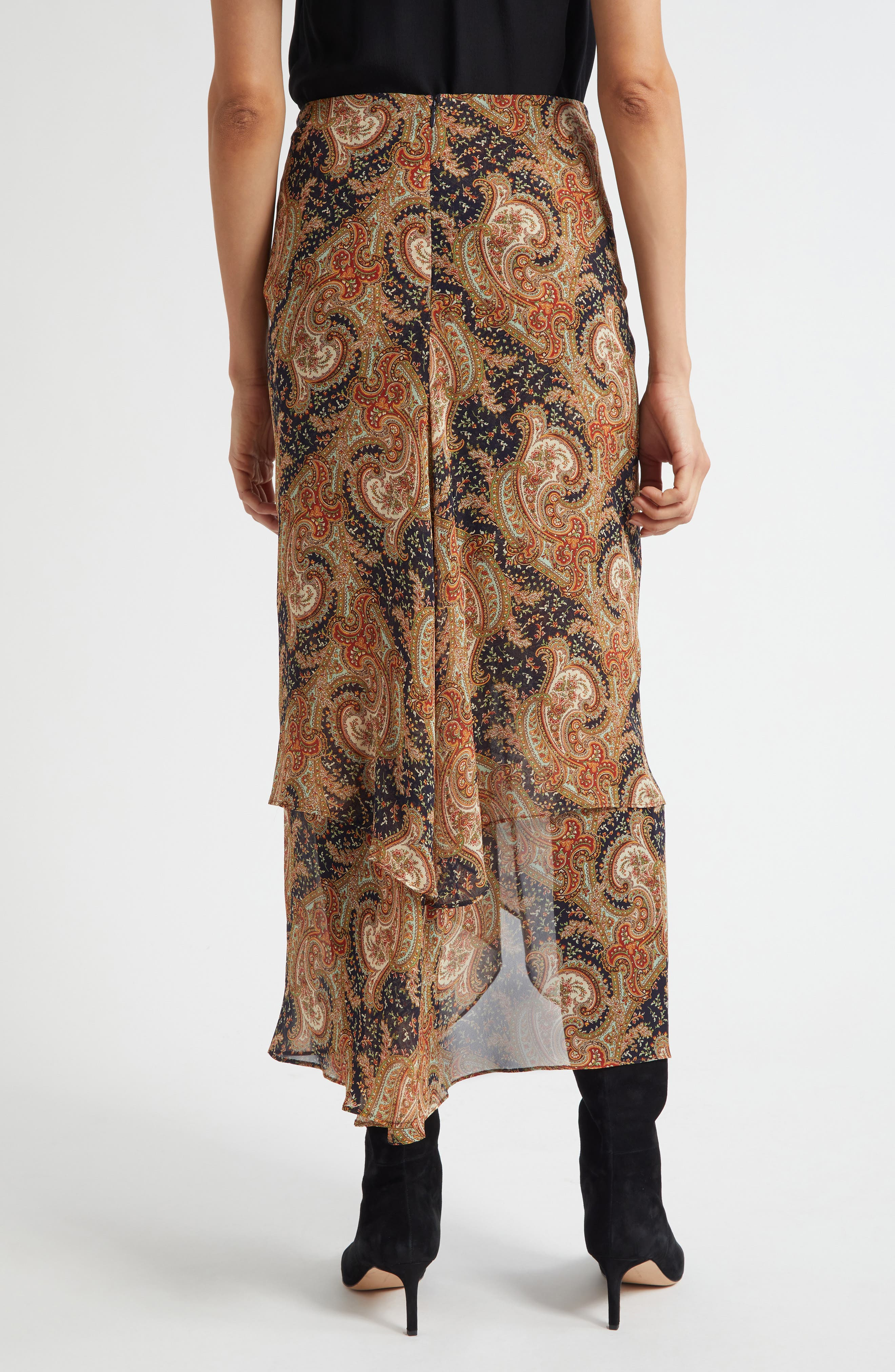 Veronica Beard Sira Paisley Print Ruffle Silk High-Low Skirt in Navy/Rust Multi at Nordstrom - 2