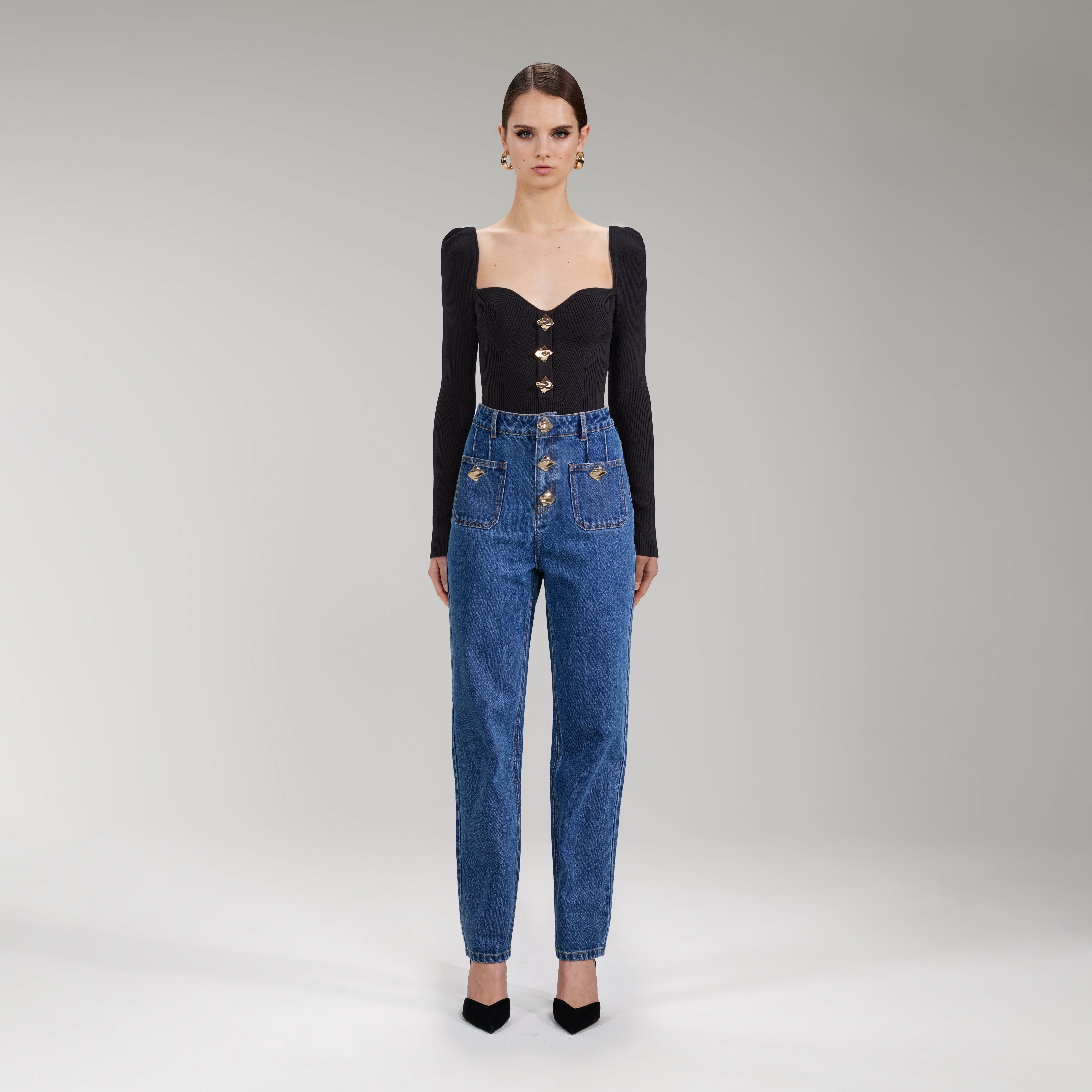 Black Long Sleeve Ribbed Knit Top - 1