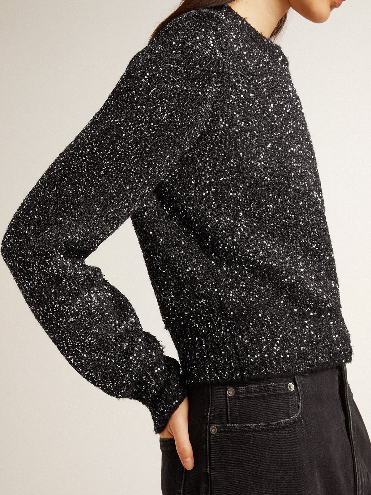 Women's black wool blend cropped sweater with all-over sequins - 5