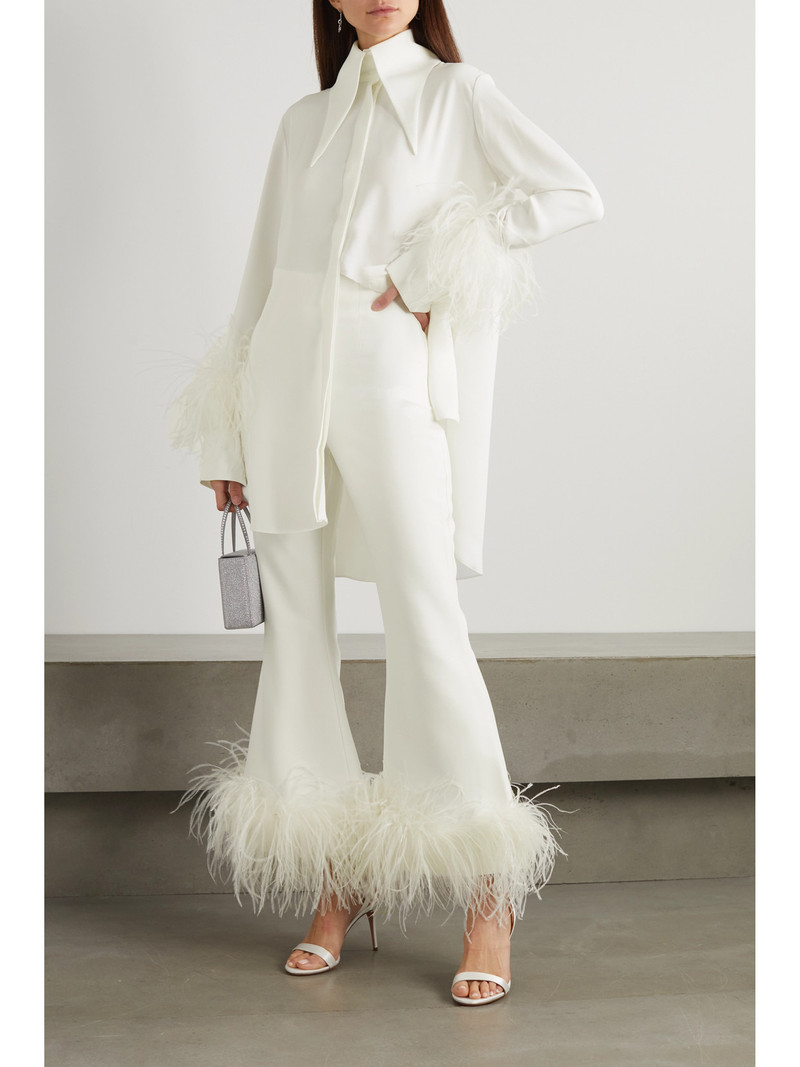 16ARLINGTON Brisbane Cropped Feather-trimmed Crepe Wide-leg Pants outlook