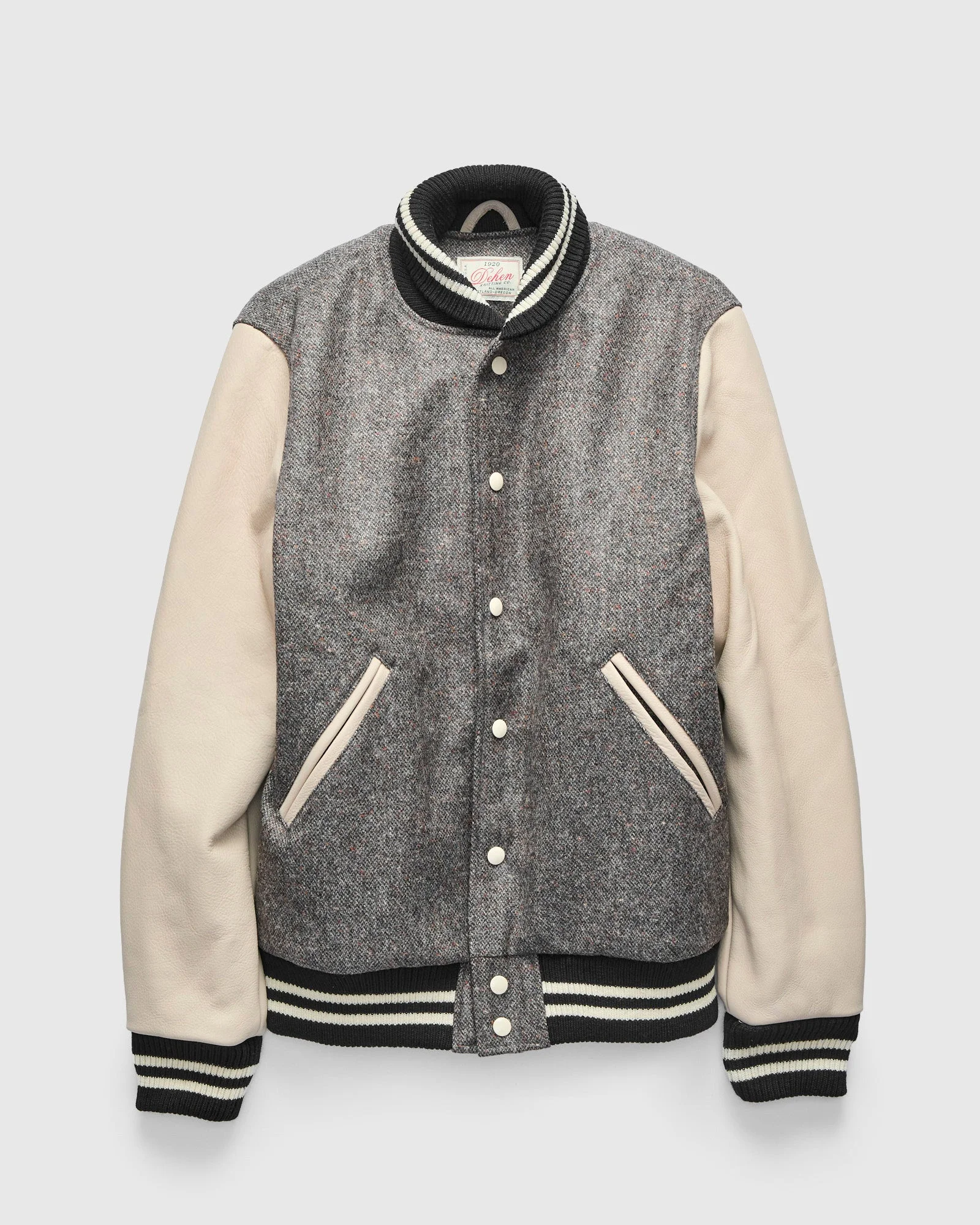2-Stripe Varsity Jacket in Silt Donegal Wool Milk Leather - 1