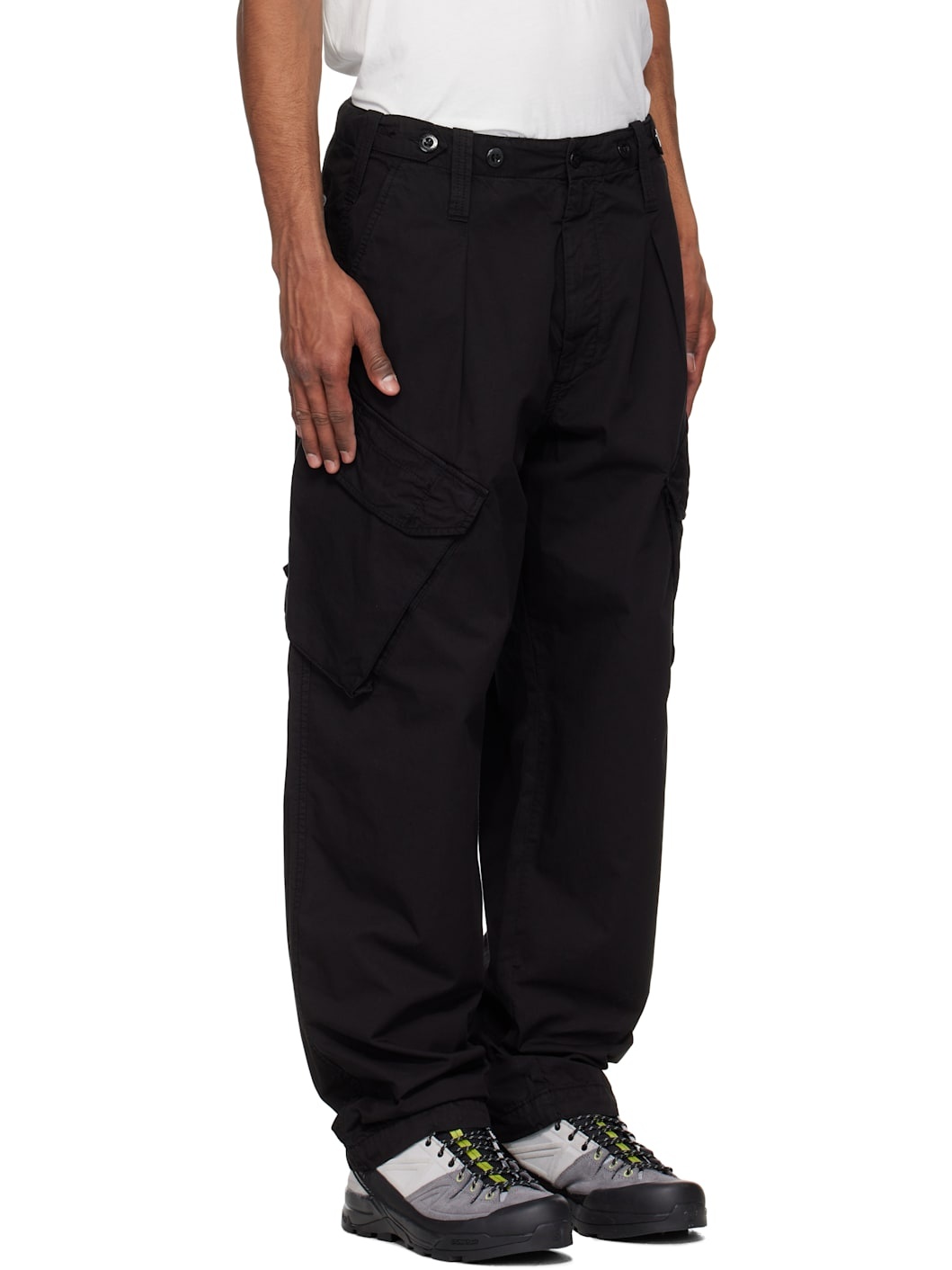 Black Cotton Gabardine Loose Cargo Pants - 2