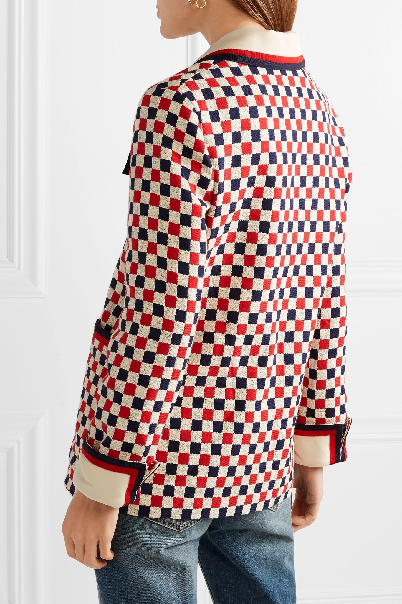 Checked grosgrain-trimmed wool-blend crepe jacket - 4