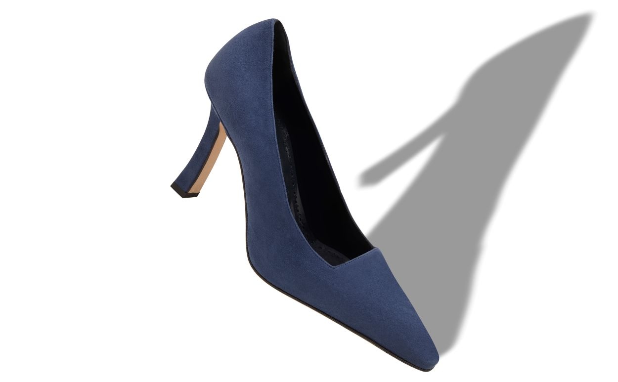Navy Blue Suede Square Cut Pumps - 2