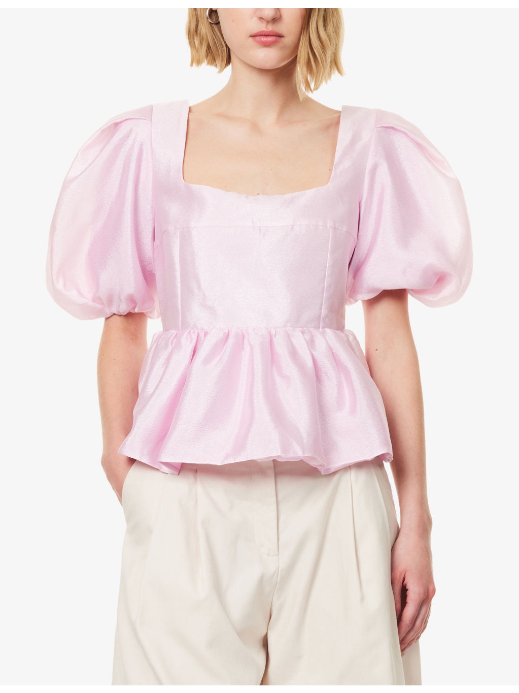 Puff-Sleeve Peplum-Hem Woven Top - 3