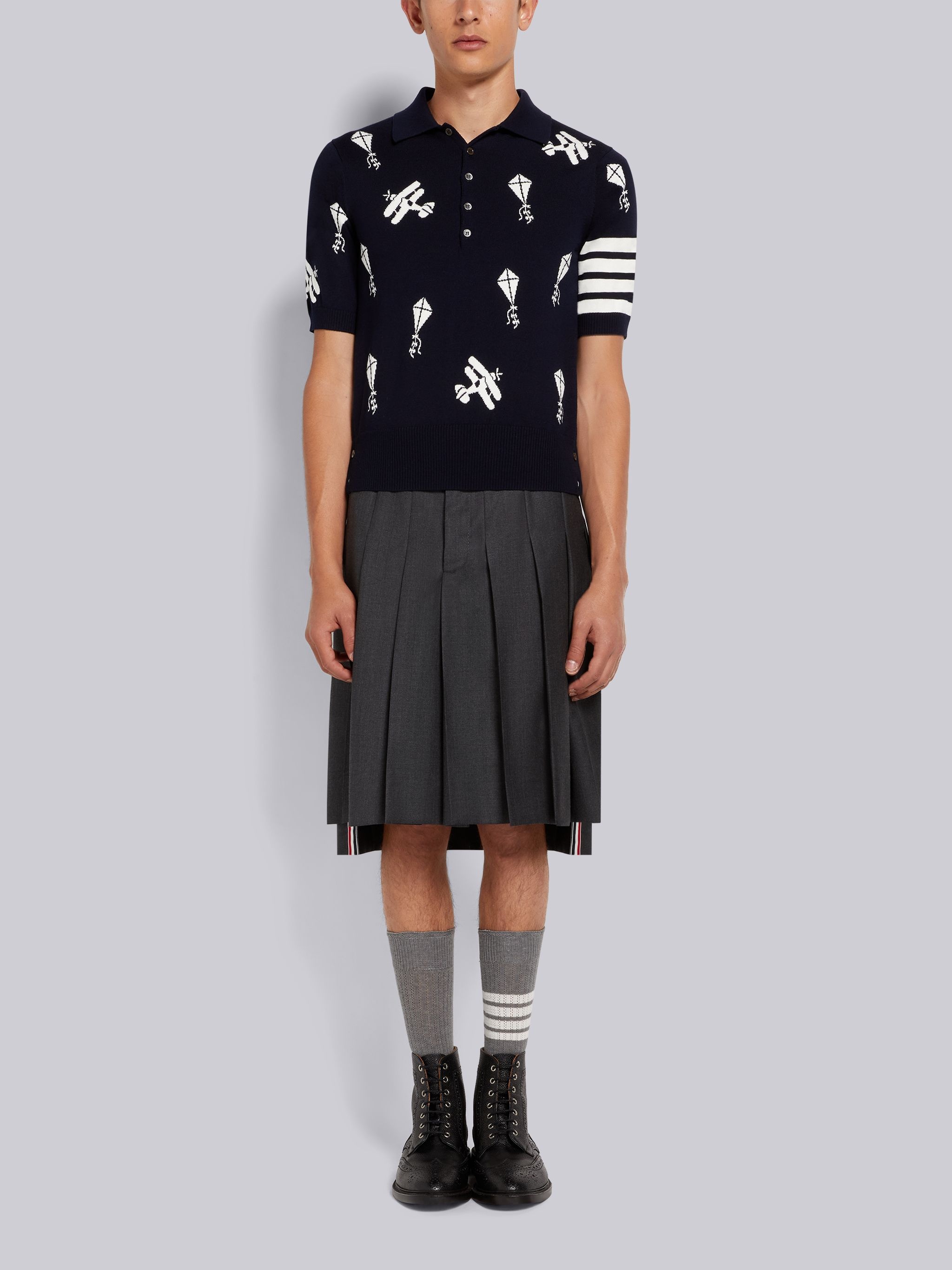 Navy Fine Merino Wool Half Drop Sky Icons 4-Bar Relaxed Fit Polo - 4