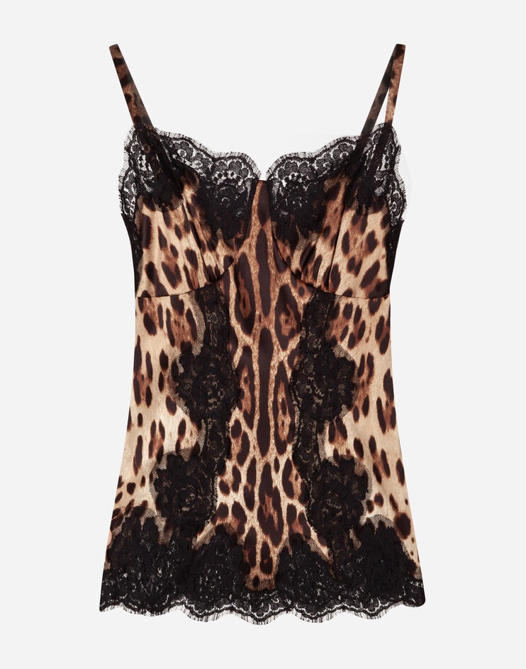 Satin top in leopard print with shoulder straps and lace detail - 3