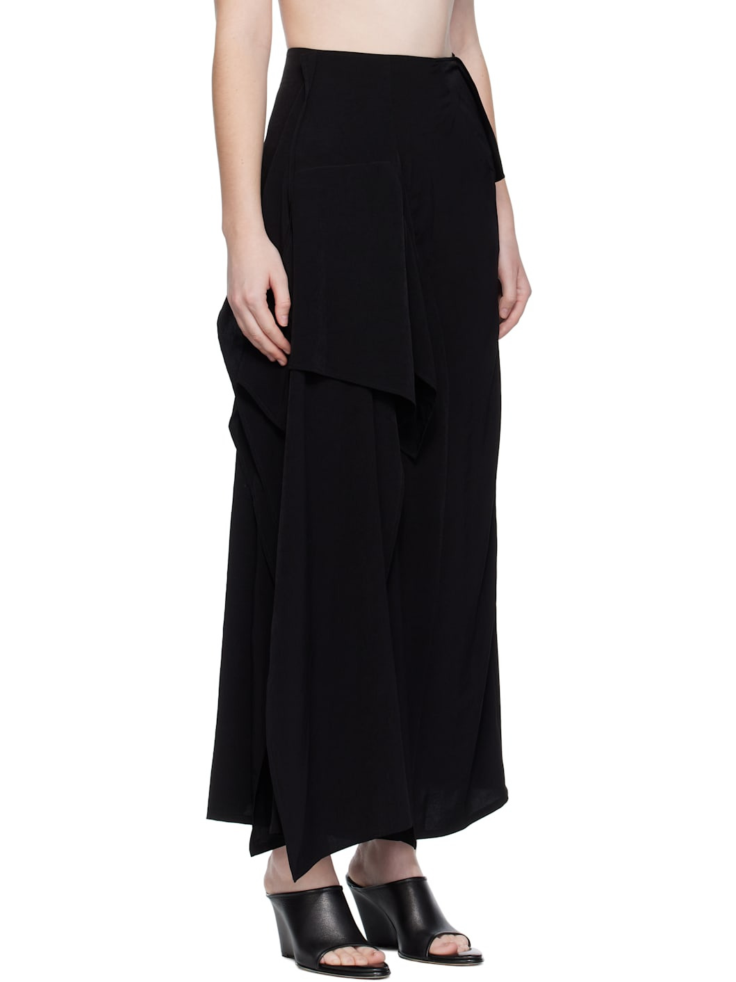 Black Draped High Waist Midi Skirt - 2