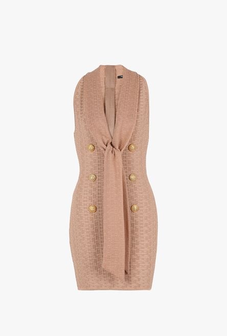 Short beige eco-designed knit dress with Balmain monogram - 1