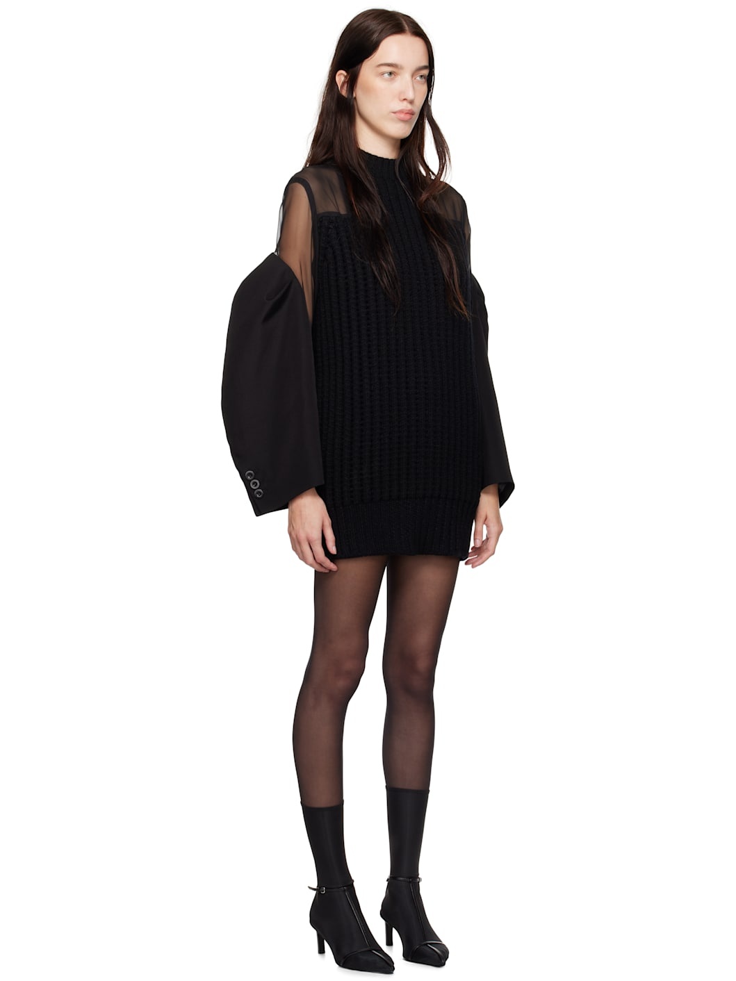 Black Silk Chiffon Mix Knit Minidress - 2