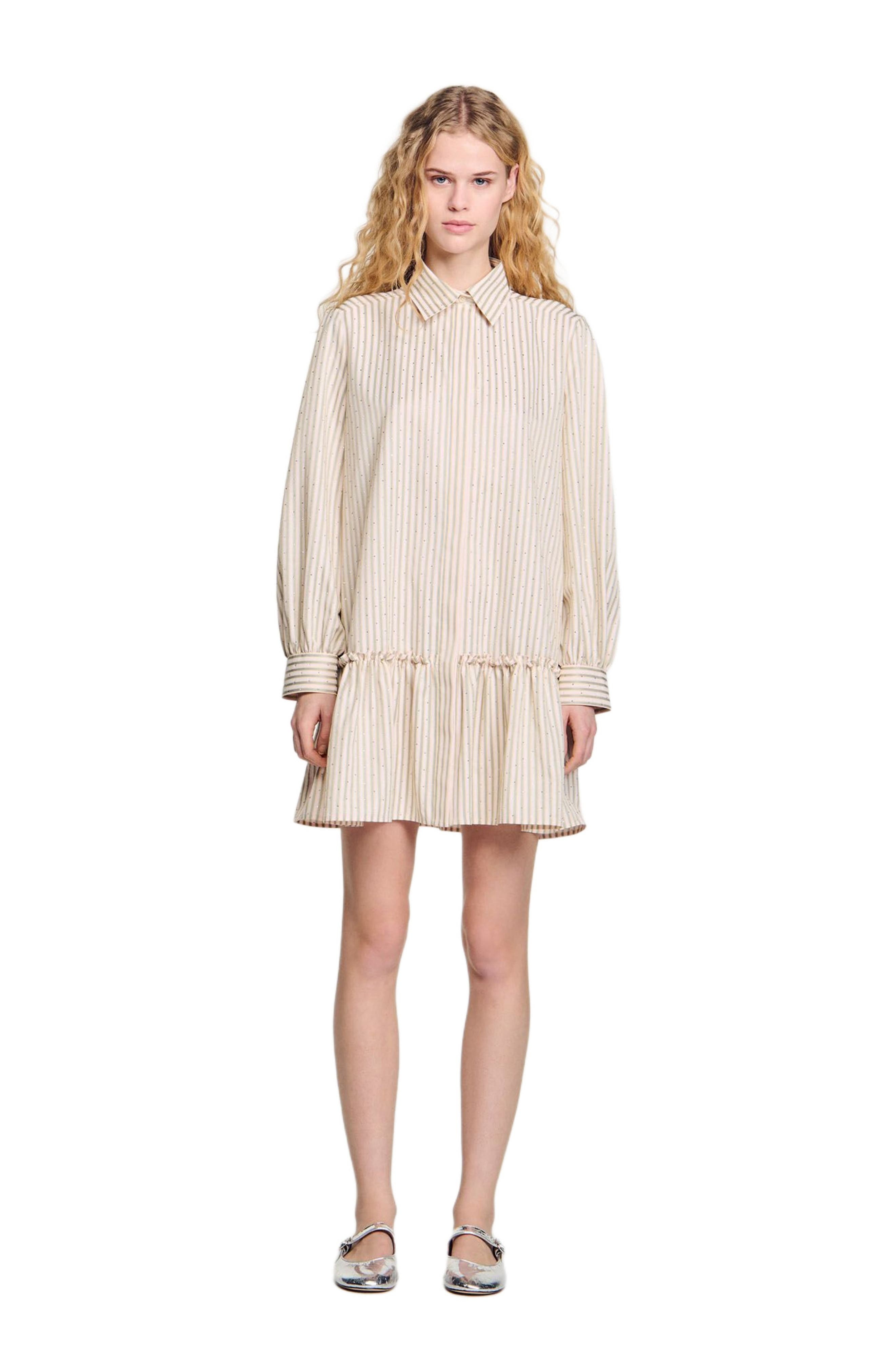 SANDRO Rhinestone striped shirt dress in Khaki /Pink at Nordstrom - 1