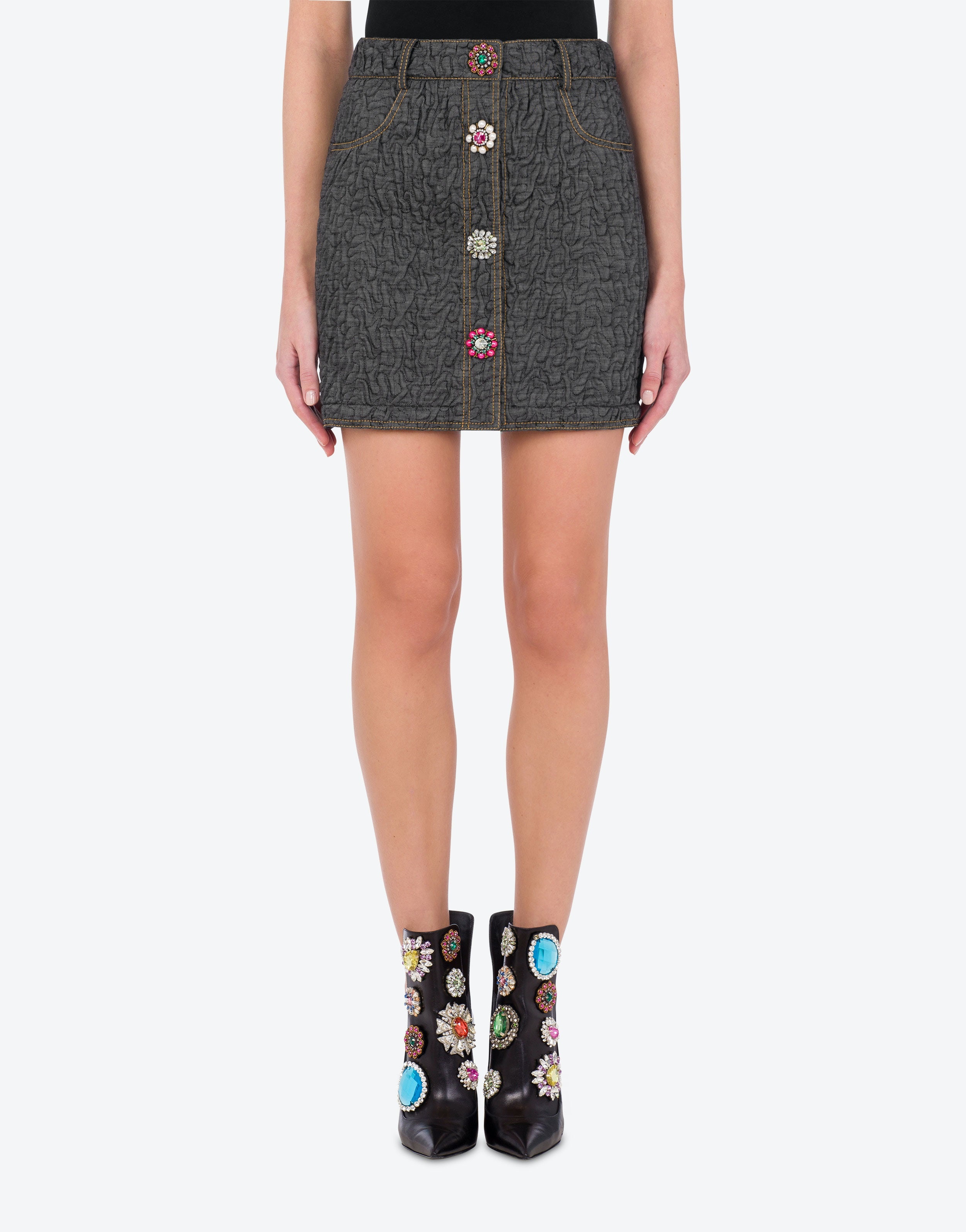JEWEL BUTTONS BLACK DENIM MINISKIRT - 2