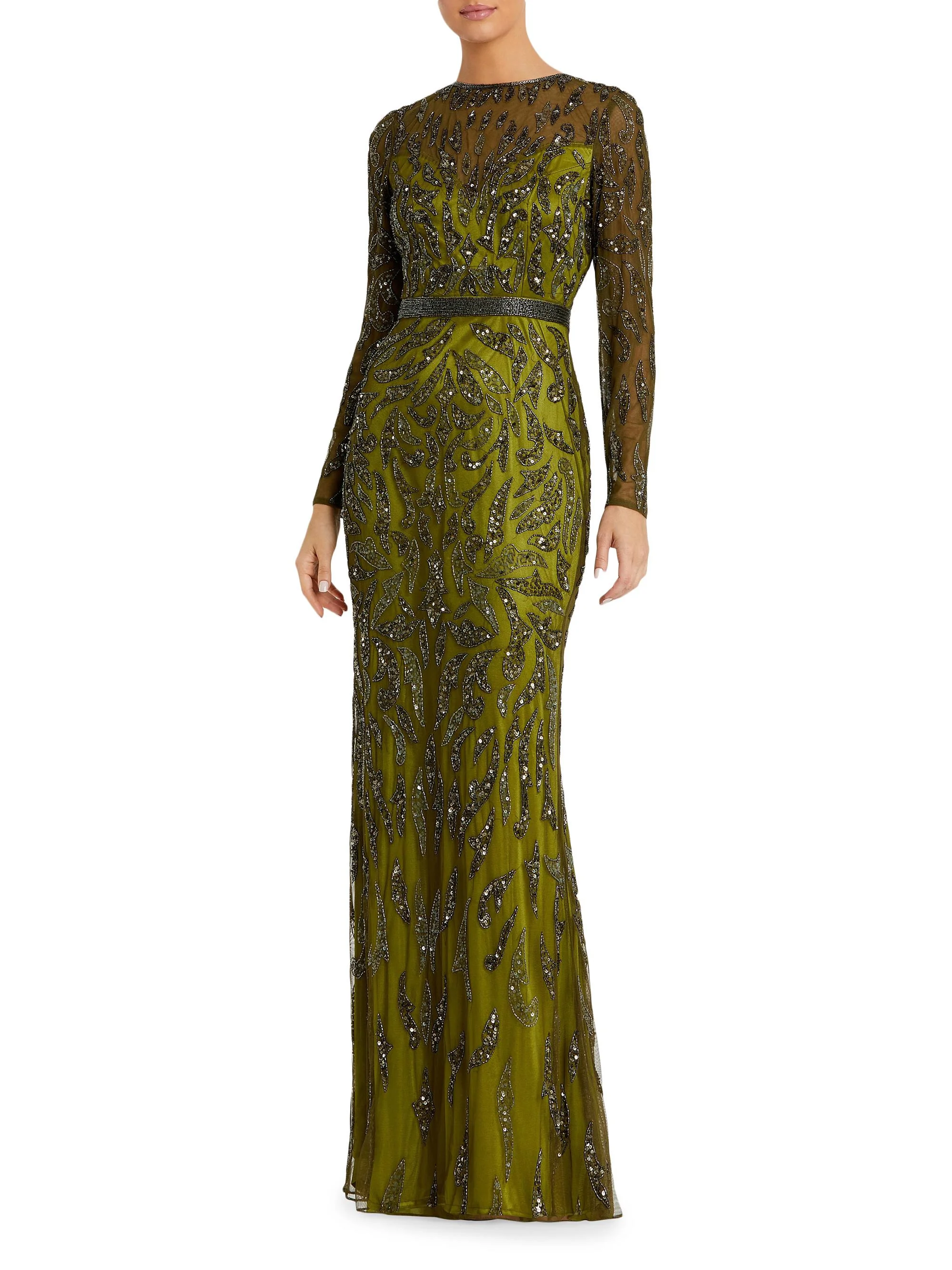 Women's Illusion Sequin Gown - Olive - 1