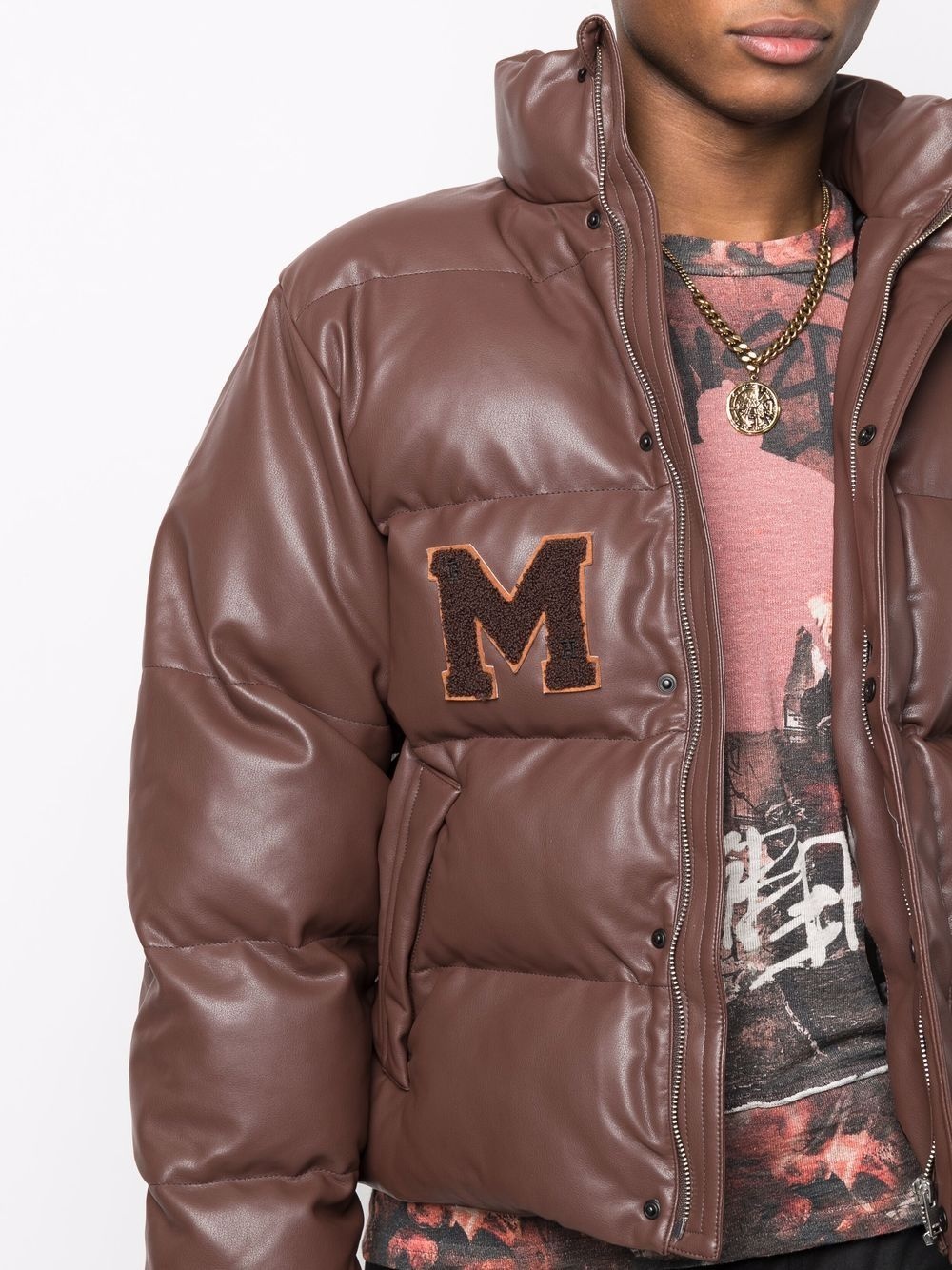 logo-patch faux-leather puffer coat - 6
