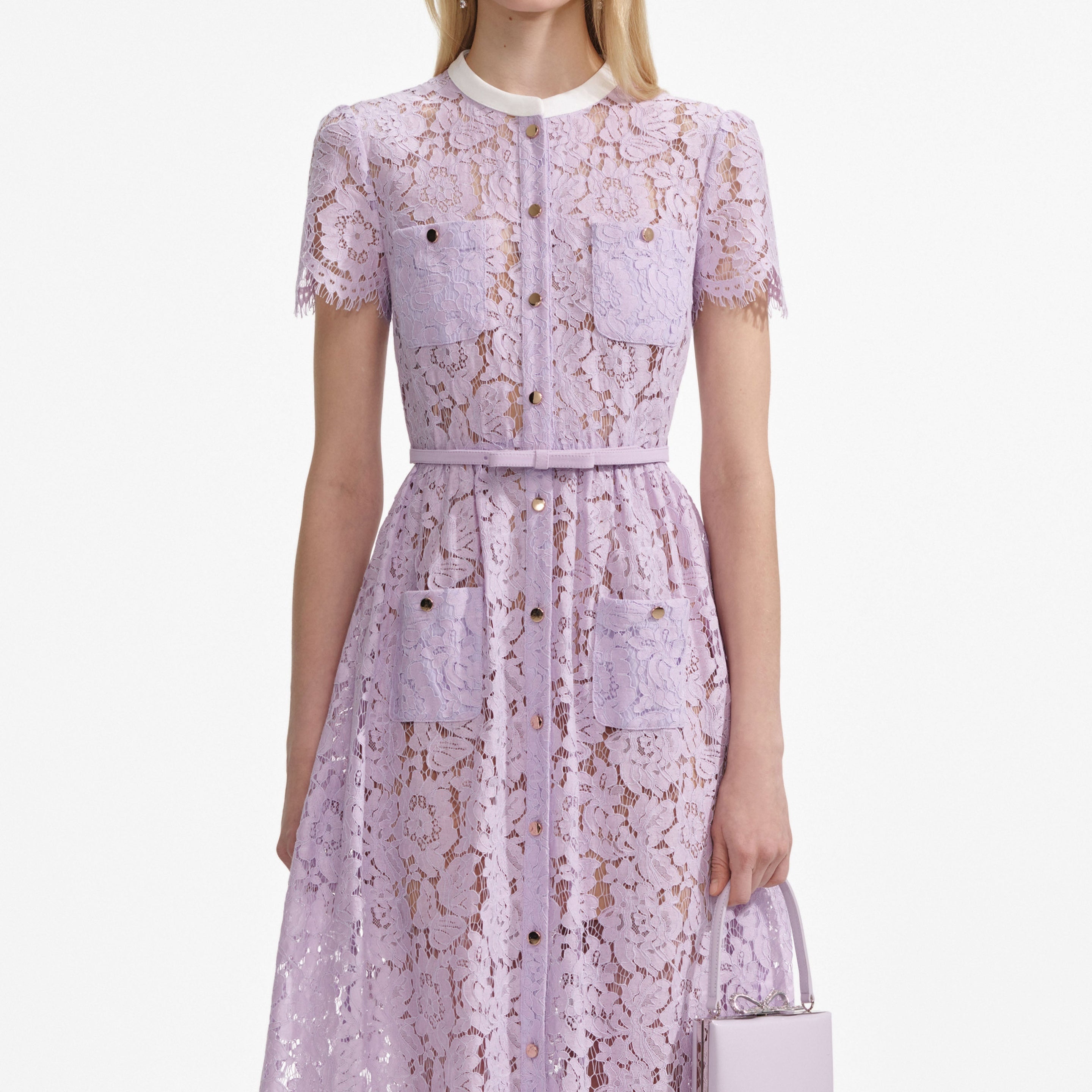 Lilac Lace Button Front Midi Dress - 4