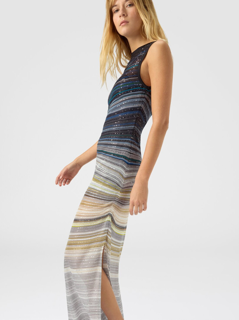 Long boat-neck dress in striped knit 4