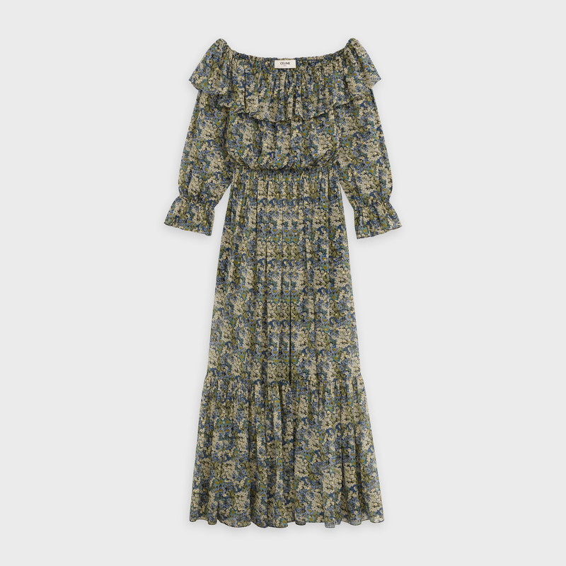 OFF-THE-SHOULDER DRESS IN PRINTED SILK LAMÉ 1