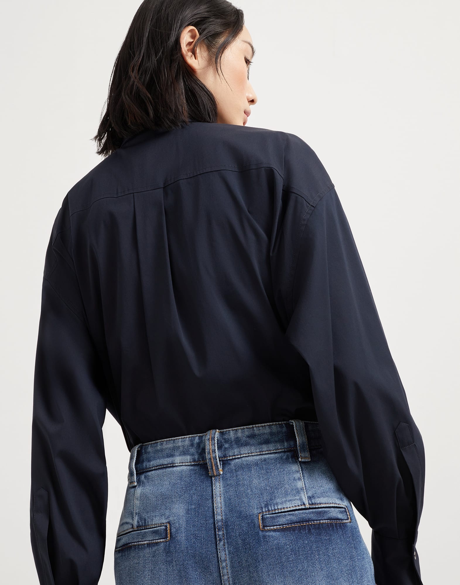 Comfort cotton denim loose curved trousers with monili - 3