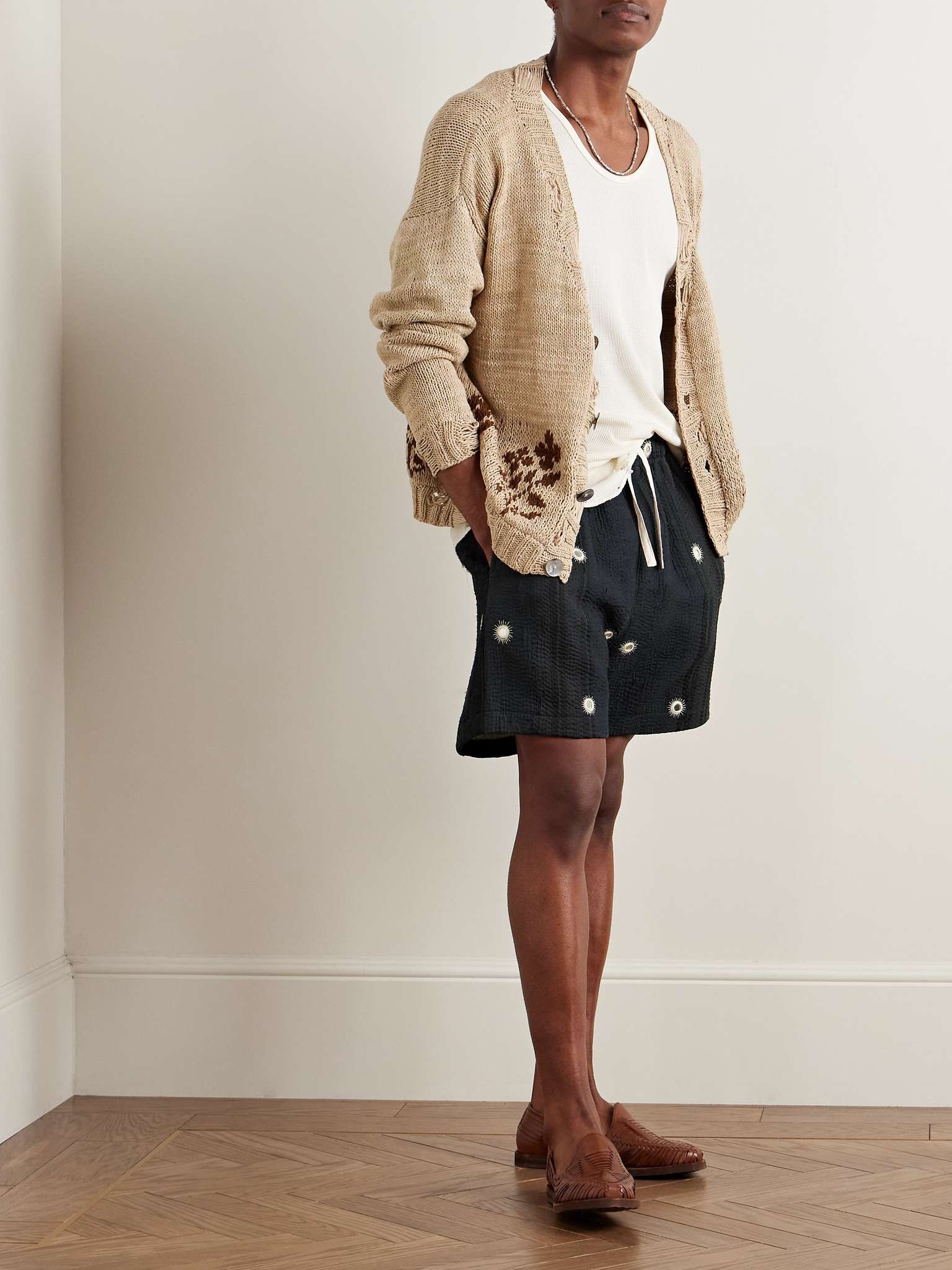 Straight-Leg Embellished Kantha Cotton Drawstring Shorts - 2