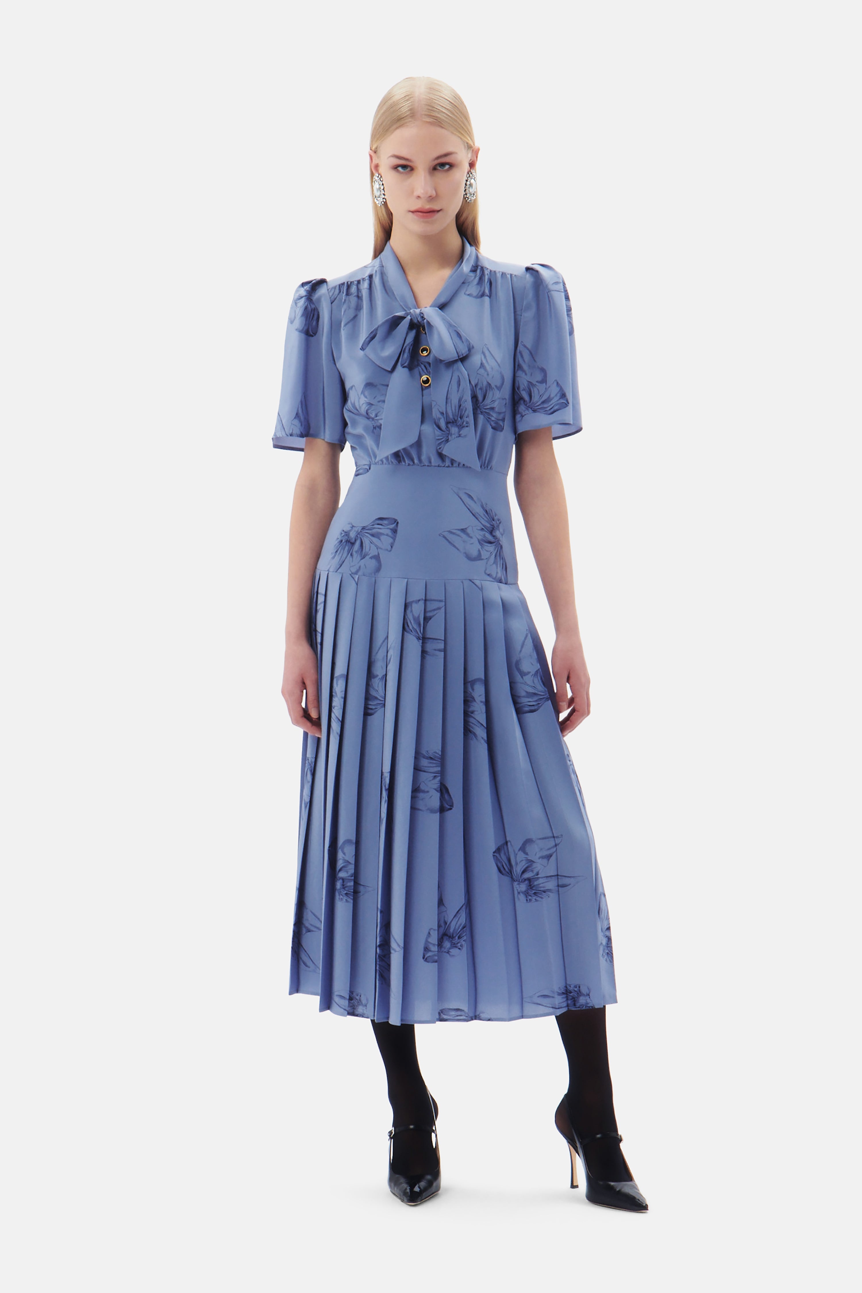 BOW PRINT SILK PLEATED DRESS WITH BOW - 4