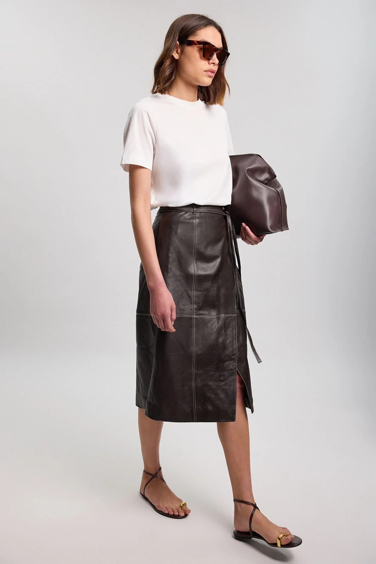 Leather Tie Up Belted Midi Skirt - 1