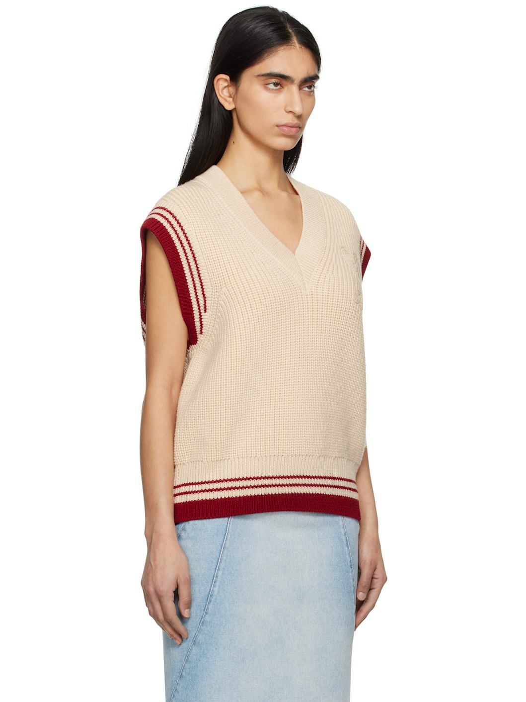 Beige Wool Ribbed Sleeveless V Neck Vest - 2