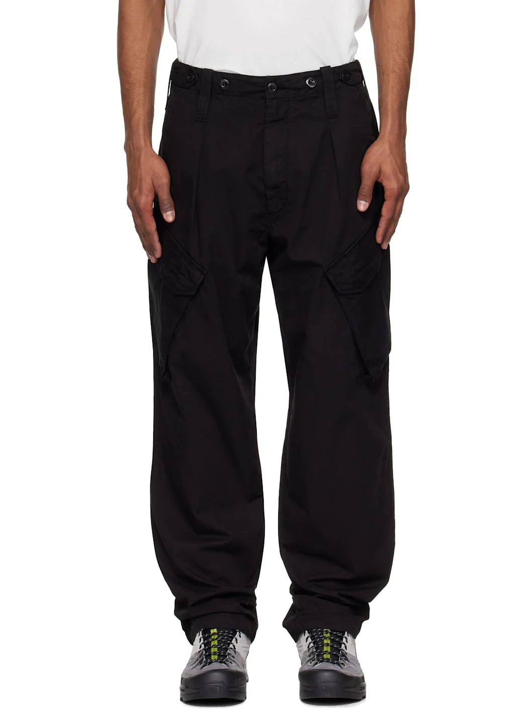 Black Cotton Gabardine Loose Cargo Pants - 1