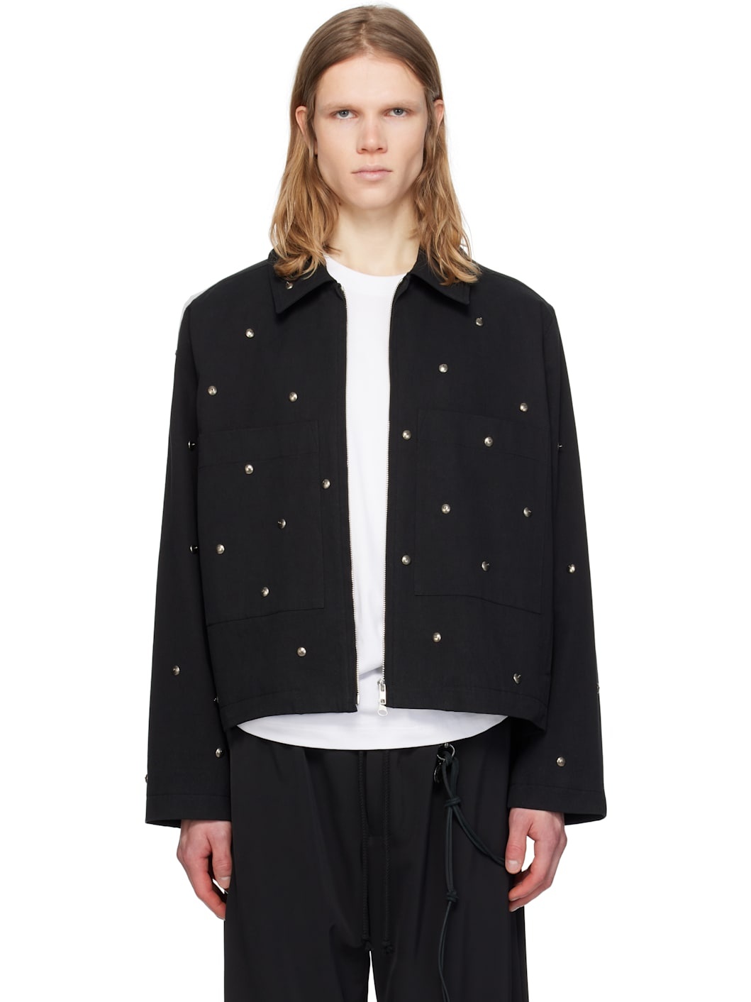 Black 'Metal Bead' Crop Patch Pocket Jacket - 1