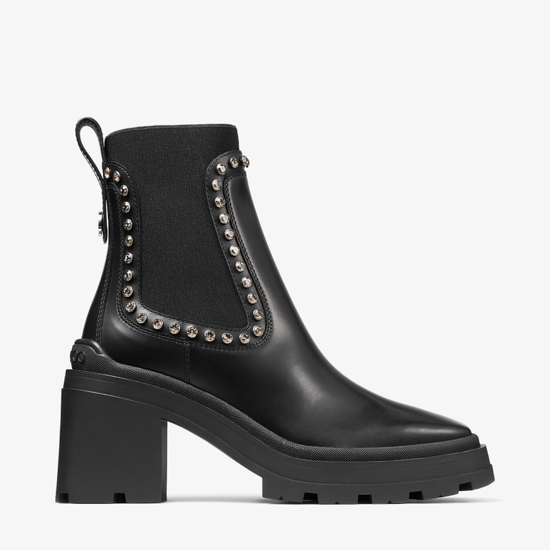 Veronique 80 Black Smooth Leather Ankle Boots with Crystal Embellishment - 1