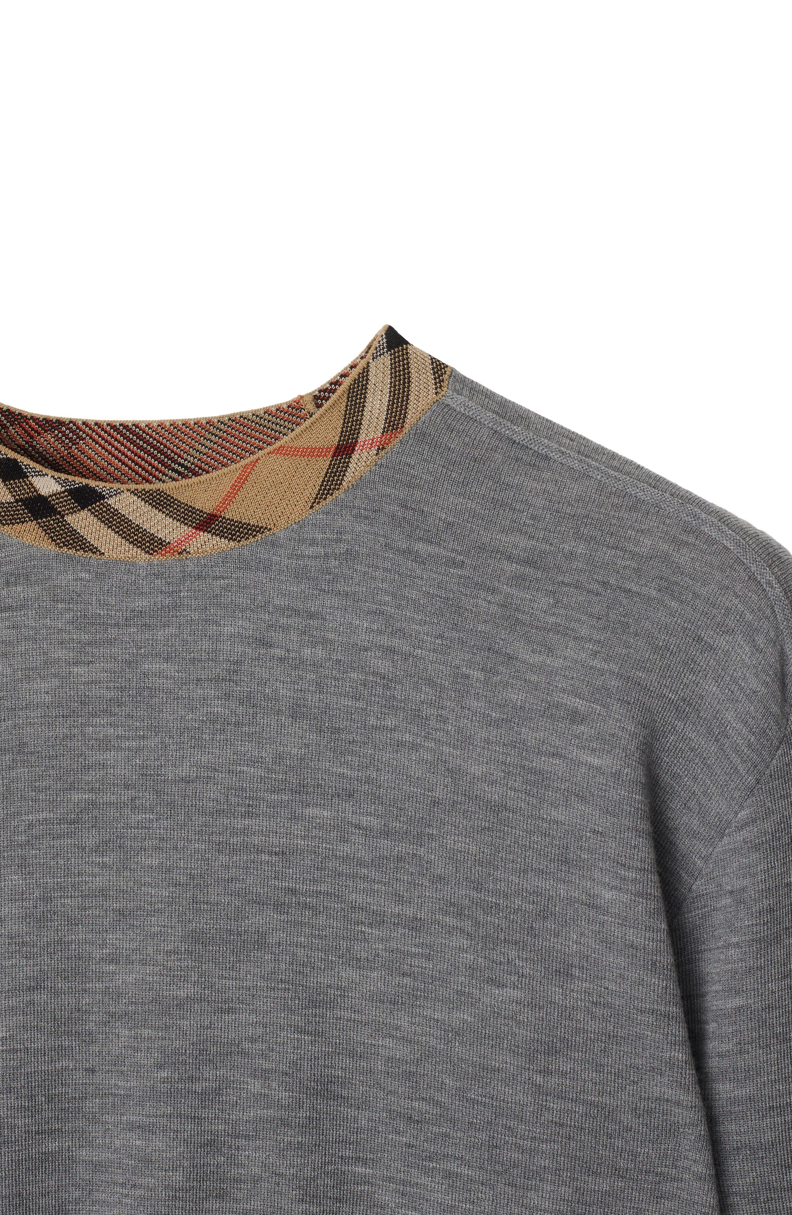 burberry Check Trim Wool Sweater in Grey at Nordstrom - 5