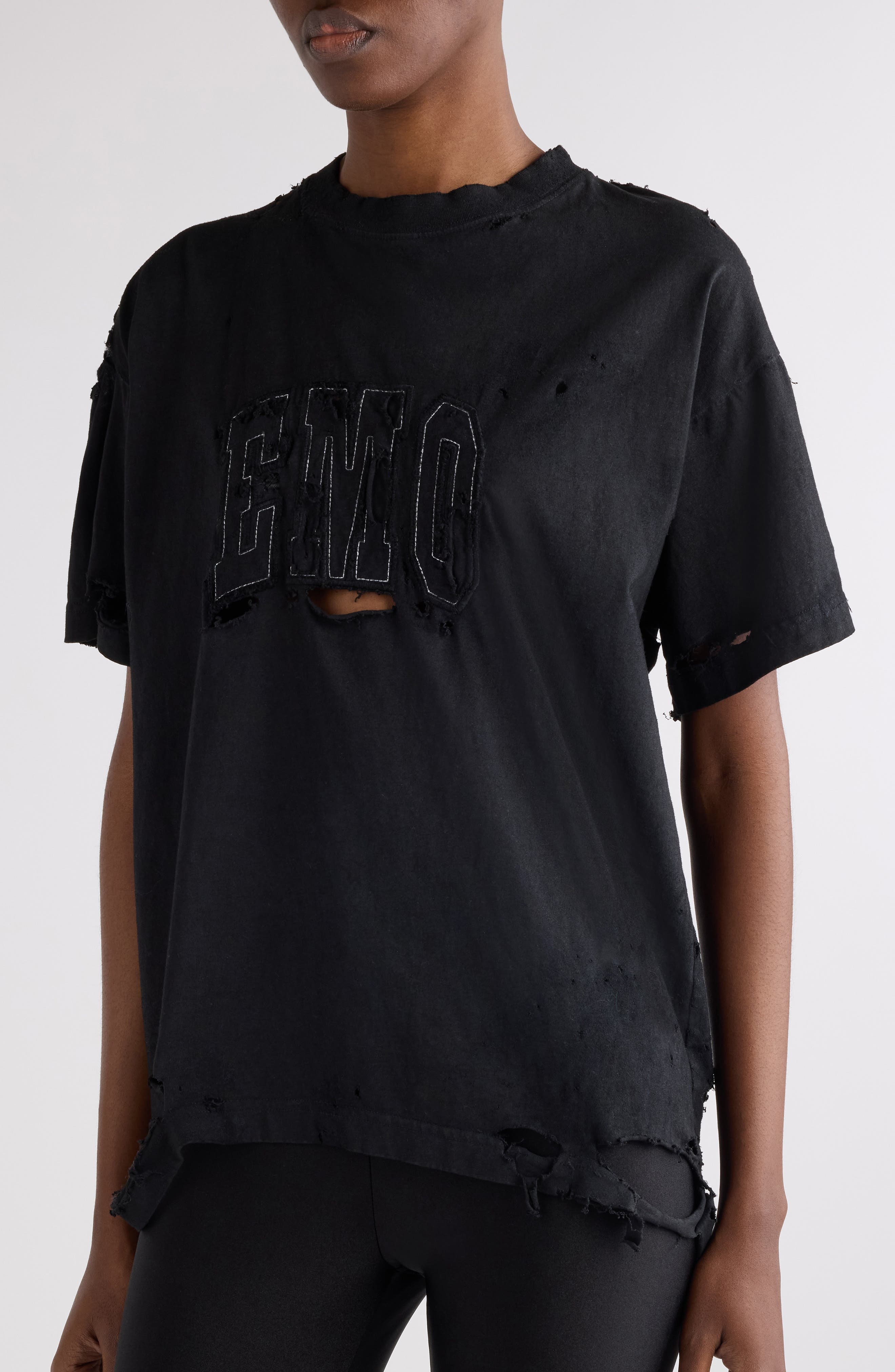 Balenciaga Boxy Distressed Emo Embroidered T-Shirt in 1041 Faded Washed Black at Nordstrom - 5