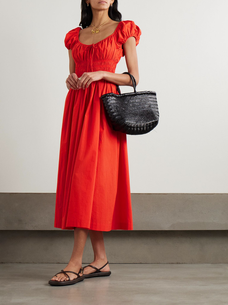 DÔEN Quinn tie-detailed shirred organic cotton-poplin midi dress Red outlook
