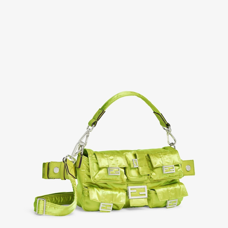 Baguette Multipocket bag made of green shiny recycled nylon, with five patch pockets in different si 2