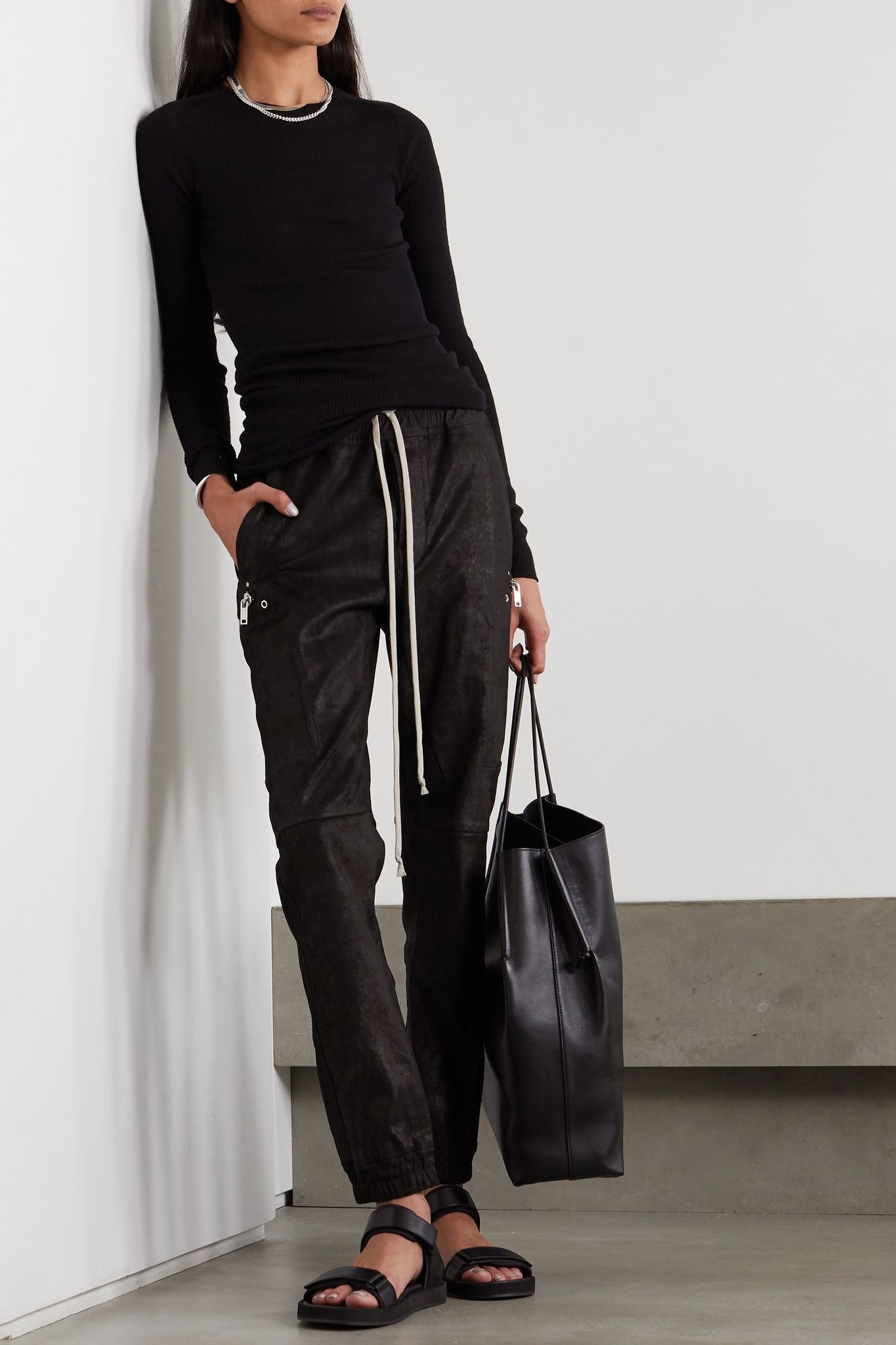 Stretch-leather and cotton-blend track pants - 2