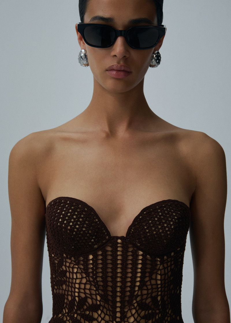 Strapless lace crochet bustier dress in brown 4