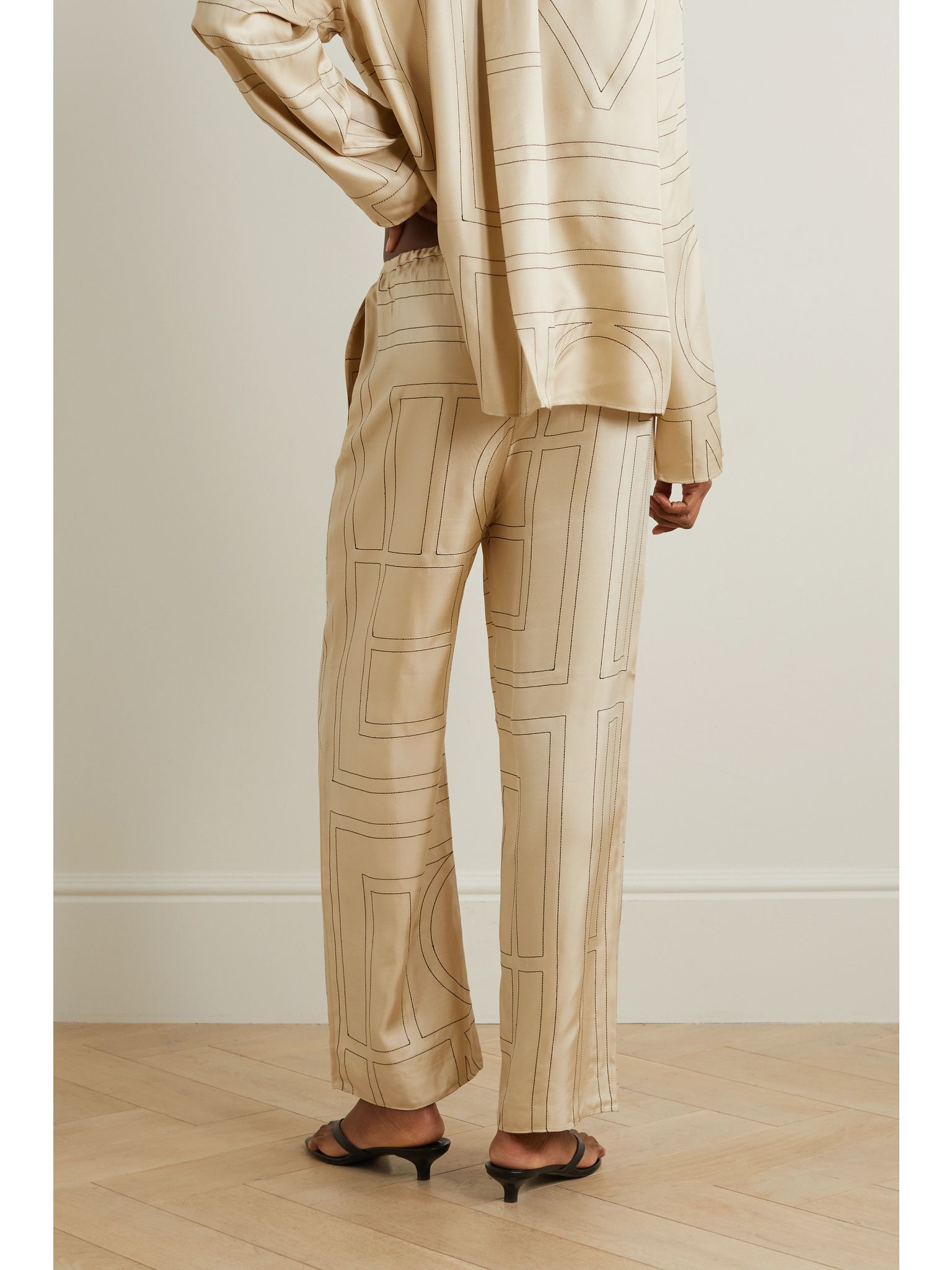 Embroidered silk-twill wide-leg pants Ivory - 3