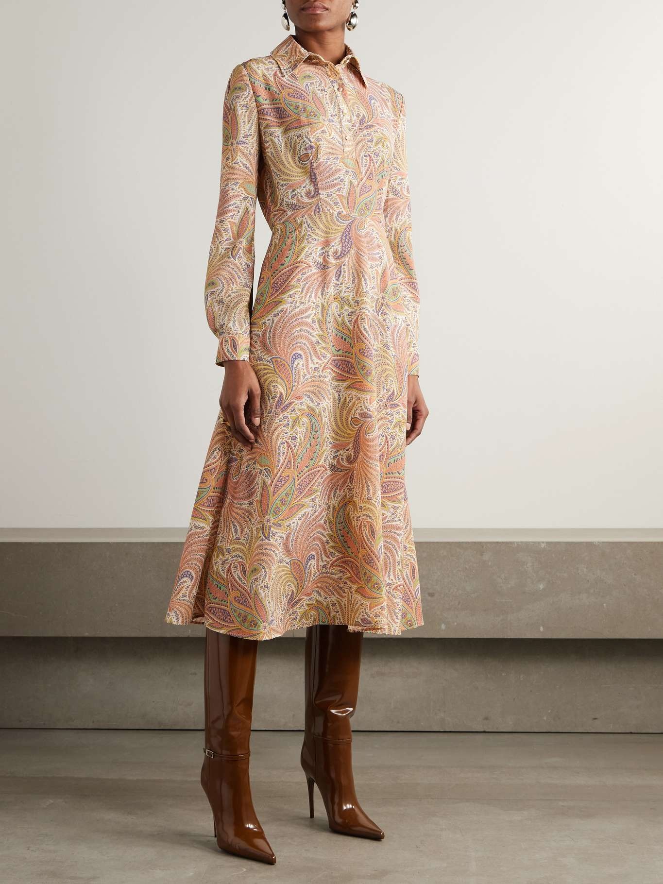 Printed stretch-crepe midi dress Brown - 3