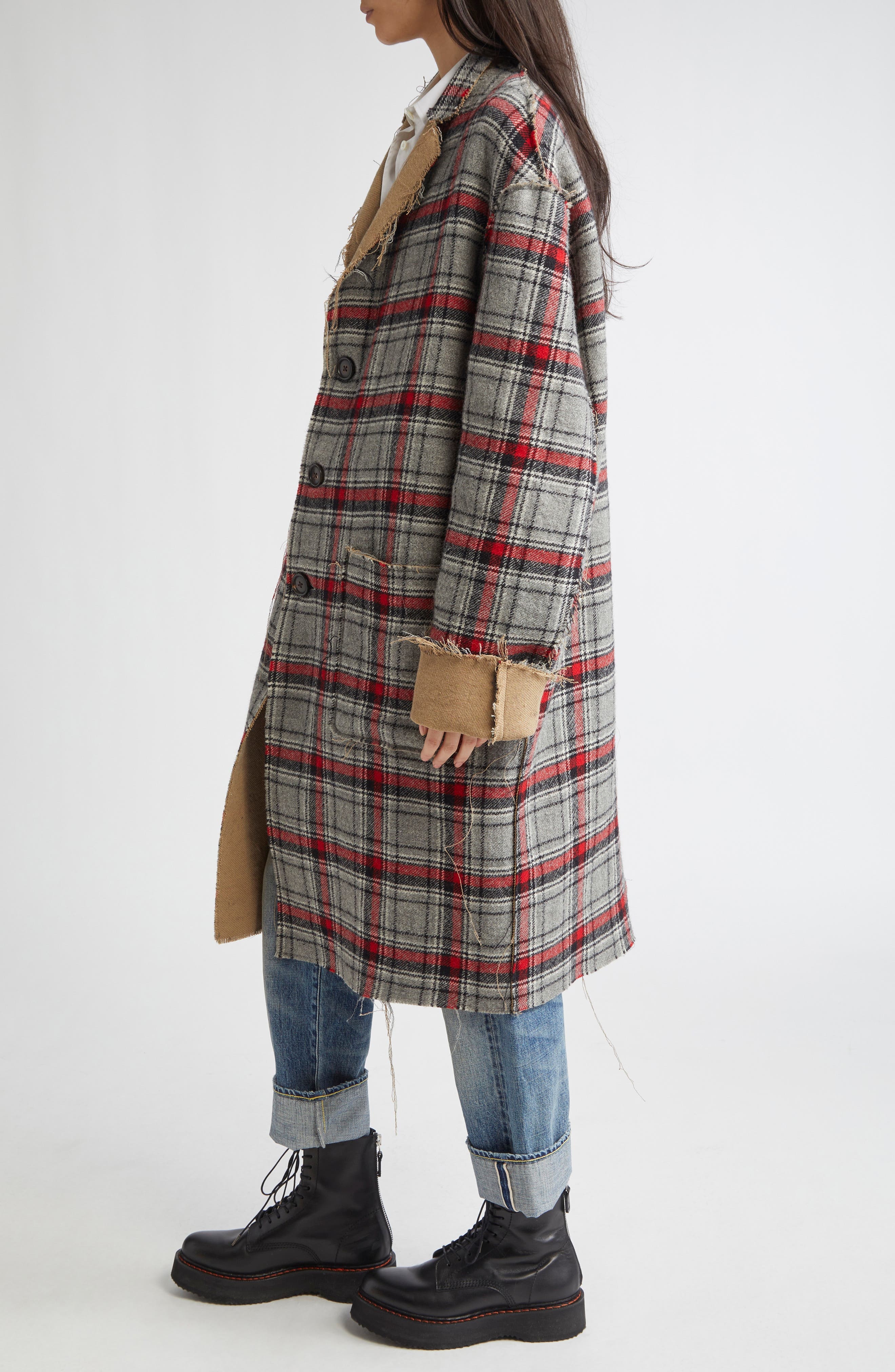 R13 Reversible Raw Cut Cotton & Virgin Wool Coat in Red/Grey Plaid at Nordstrom - 5