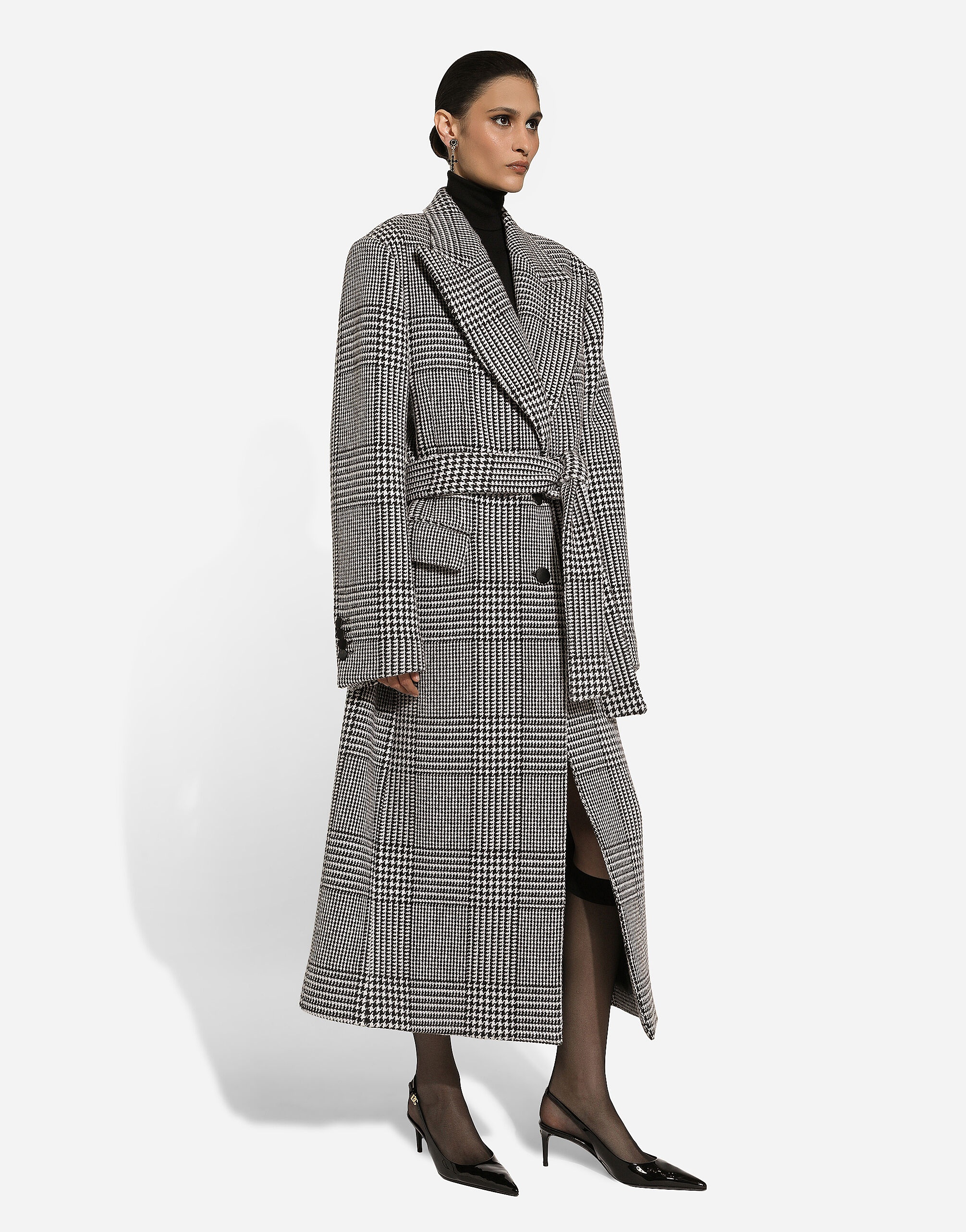 Single-breasted houndstooth check coat with belt - 7
